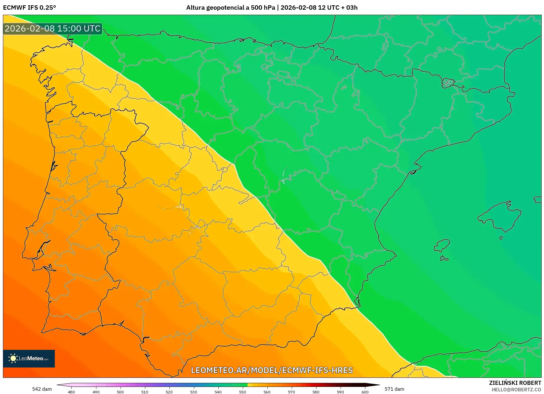 ECMWF IFS 0.25° model - España, Altura geopotencial a 500 hPa