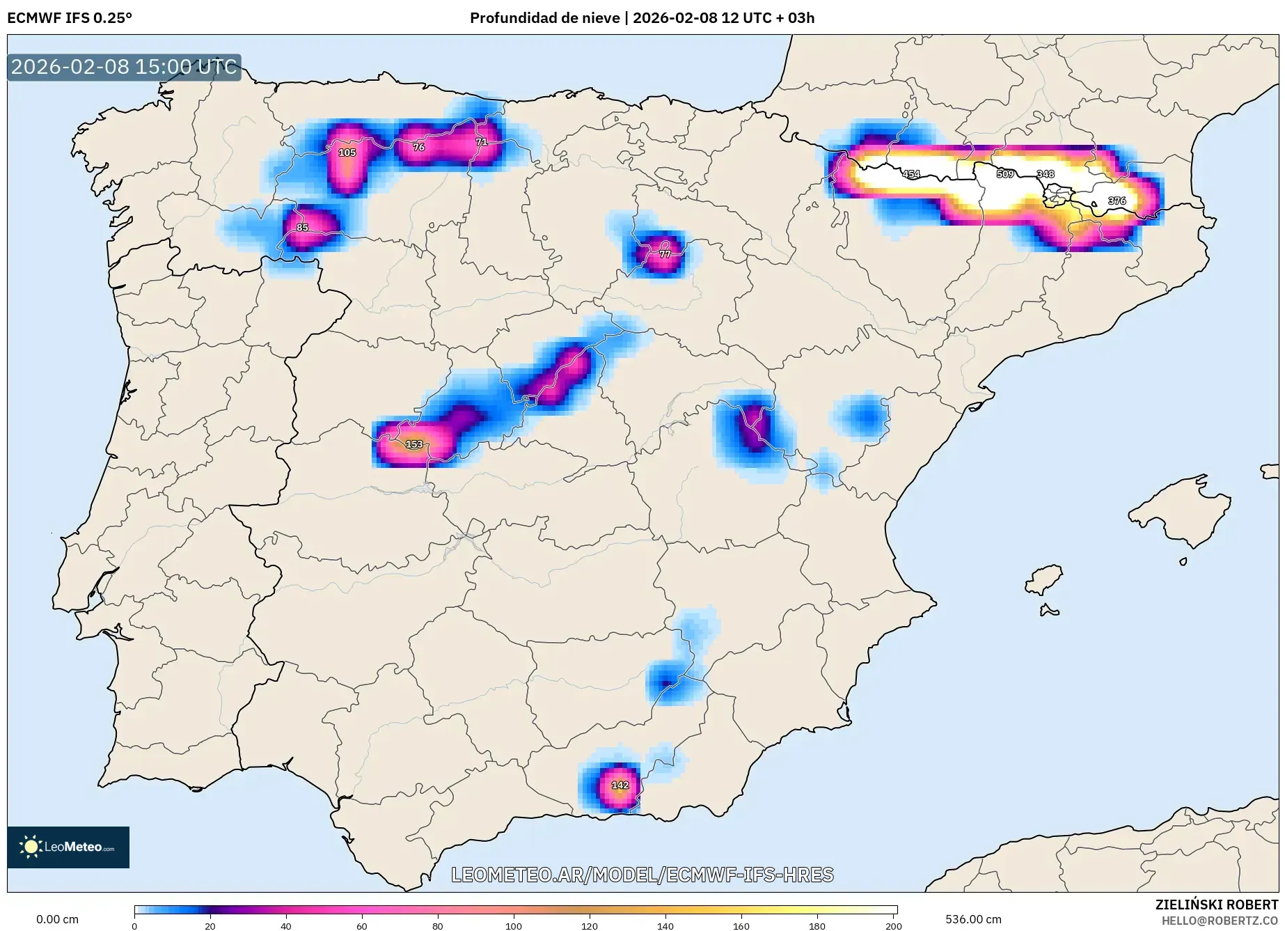 ECMWF IFS 0.25° model - España, Profundidad de nieve