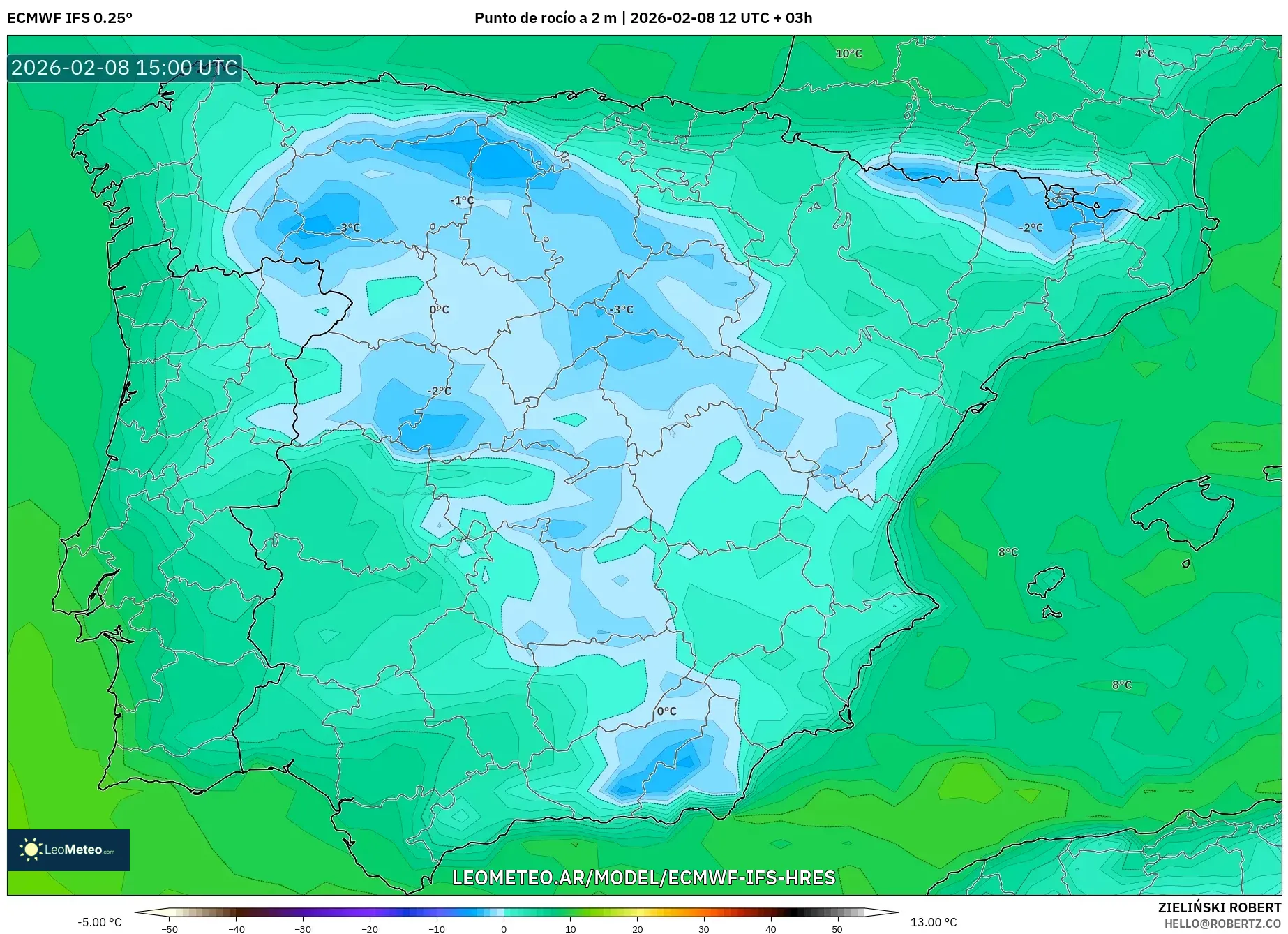 ECMWF IFS 0.25° model - España, Punto de rocío a 2 m