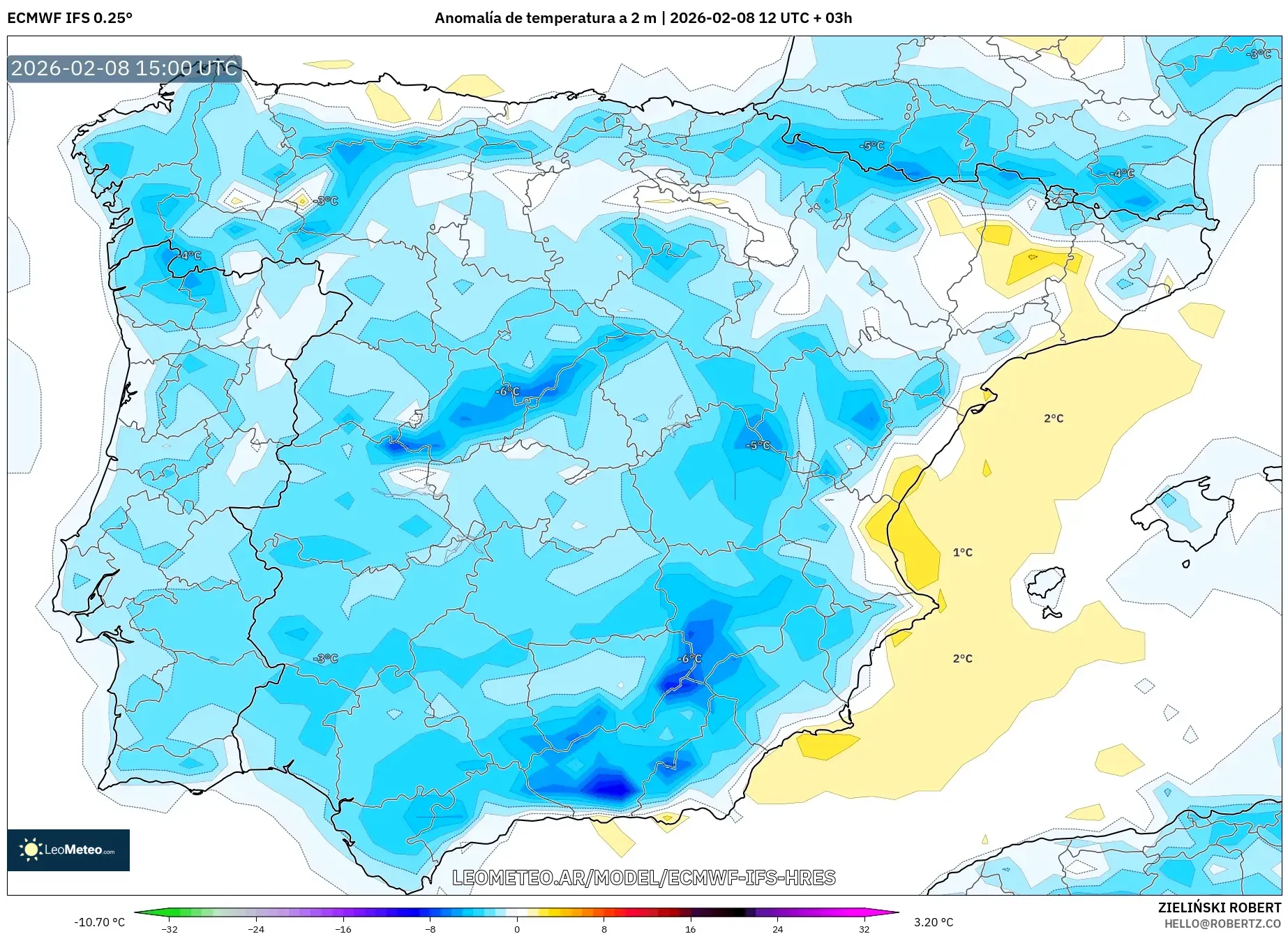 ECMWF IFS 0.25° model - España, Anomalía de temperatura a 2 m