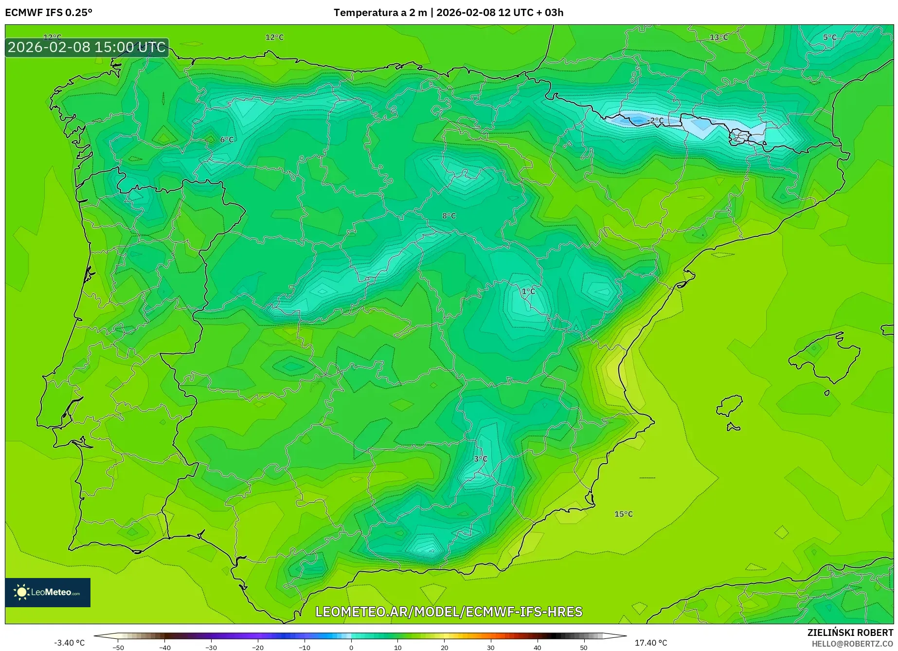 ECMWF IFS 0.25° model - España, Temperatura a 2 m