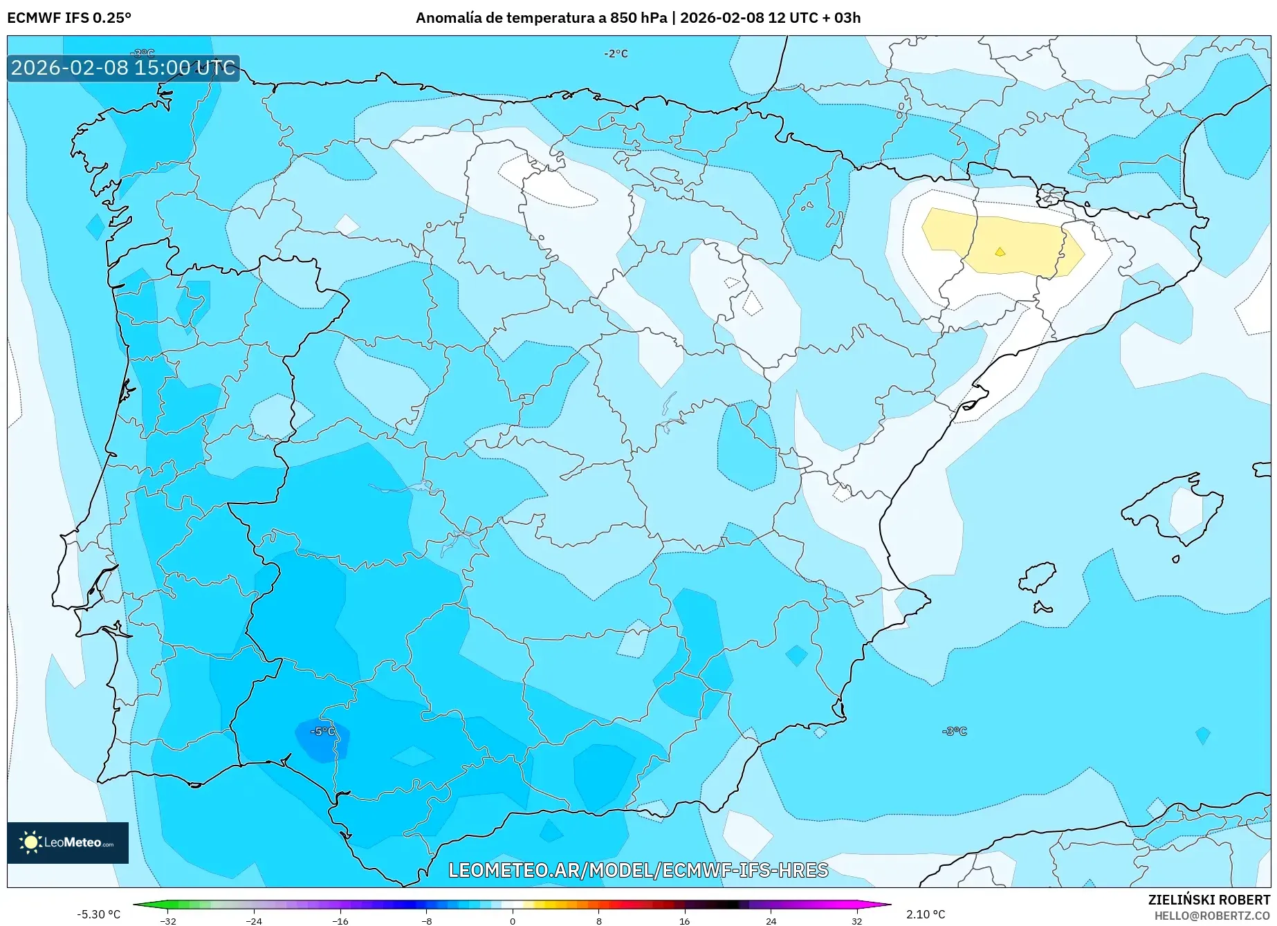 ECMWF IFS 0.25° model - España, Anomalía de temperatura a 850 hPa