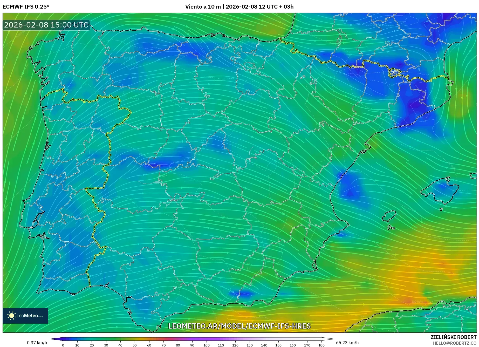 ECMWF IFS 0.25° model - España, Viento a 10 m