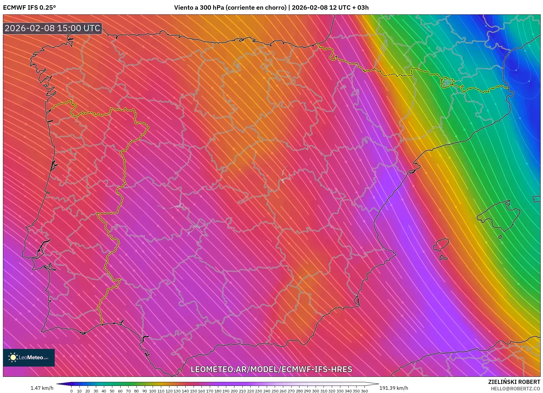 ECMWF IFS 0.25° model - España, Viento a 300 hPa (corriente en chorro)