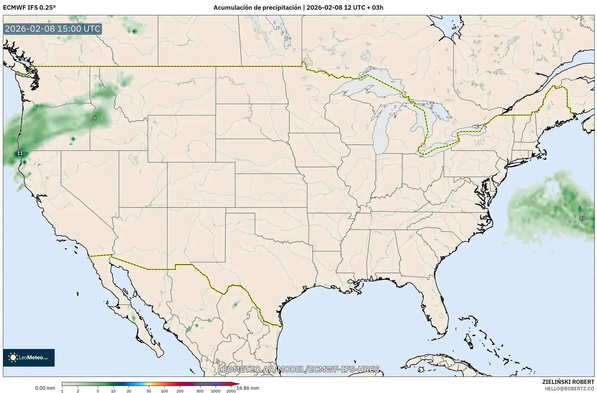 ECMWF IFS 0.25° model - Estados Unidos, Acumulación de precipitación