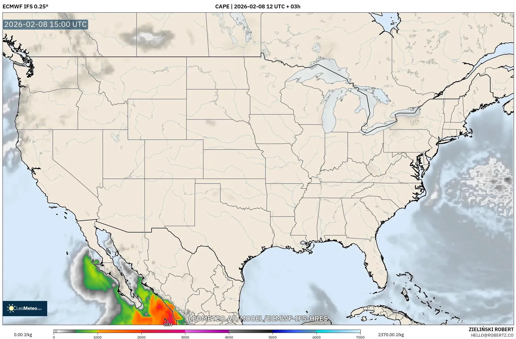 ECMWF IFS 0.25° model - Estados Unidos, CAPE