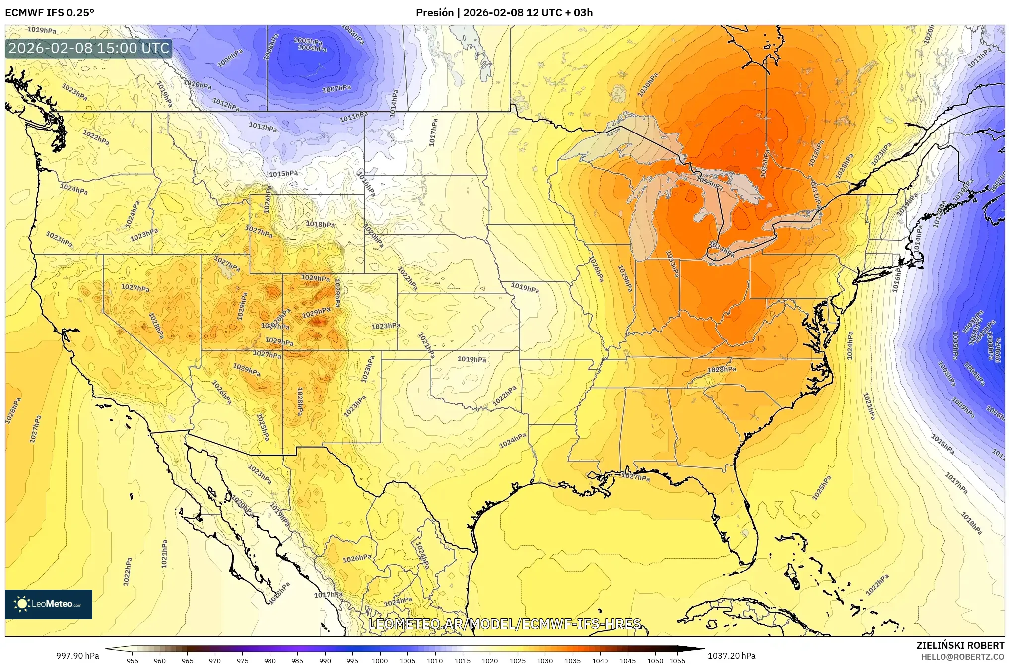 ECMWF IFS 0.25° model - Estados Unidos, Presión