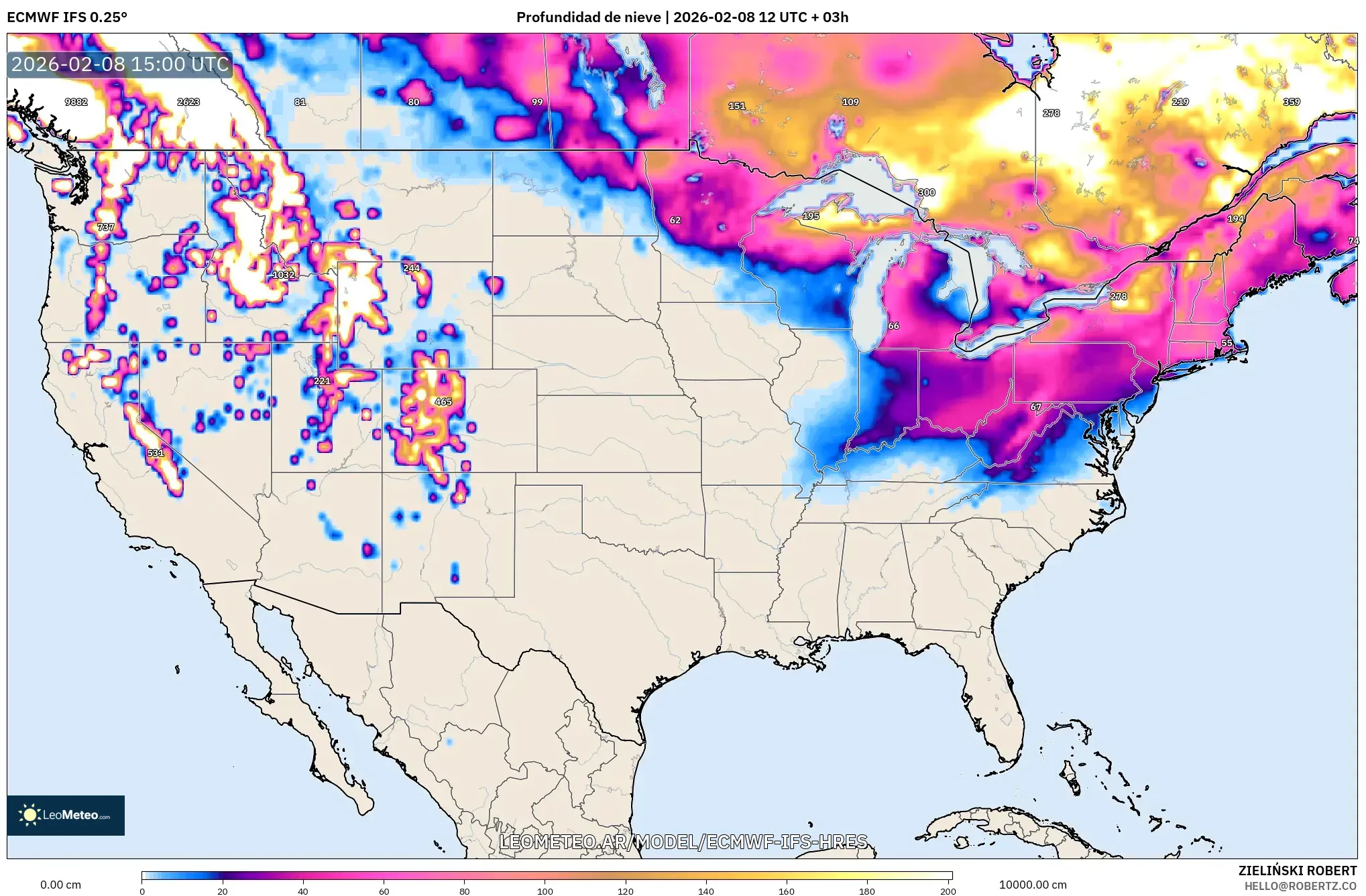 ECMWF IFS 0.25° model - Estados Unidos, Profundidad de nieve