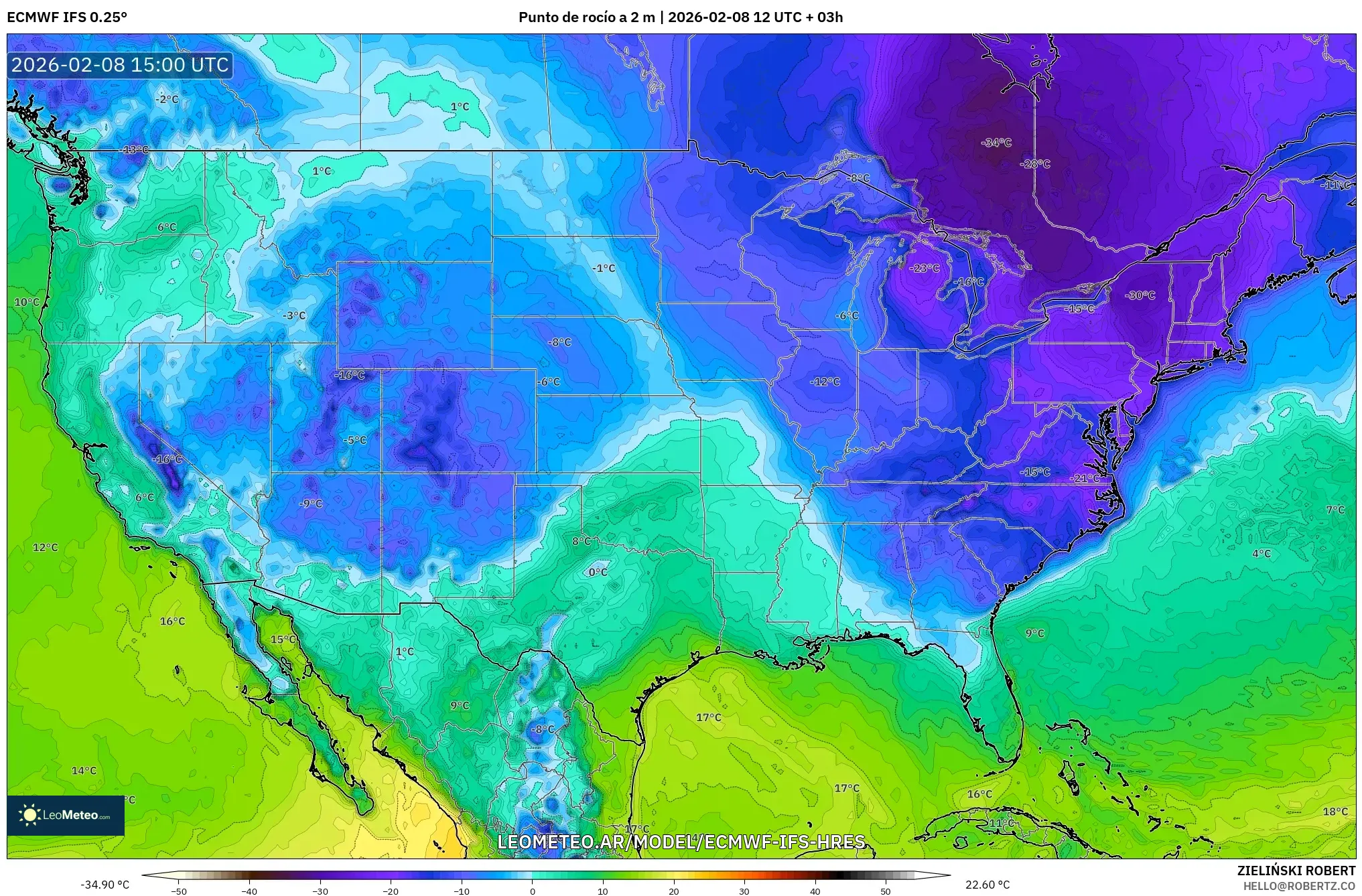 ECMWF IFS 0.25° model - Estados Unidos, Punto de rocío a 2 m