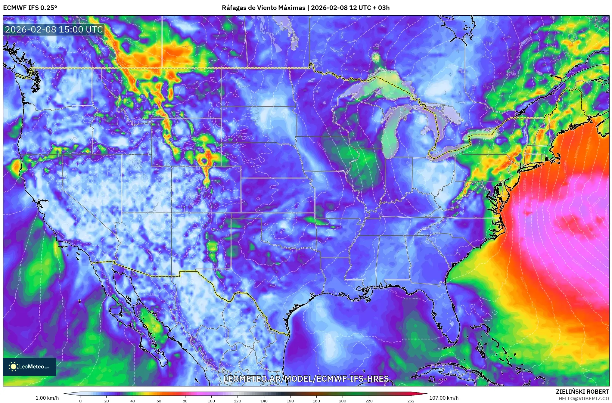 ECMWF IFS 0.25° model - Estados Unidos, Ráfagas de Viento Máximas