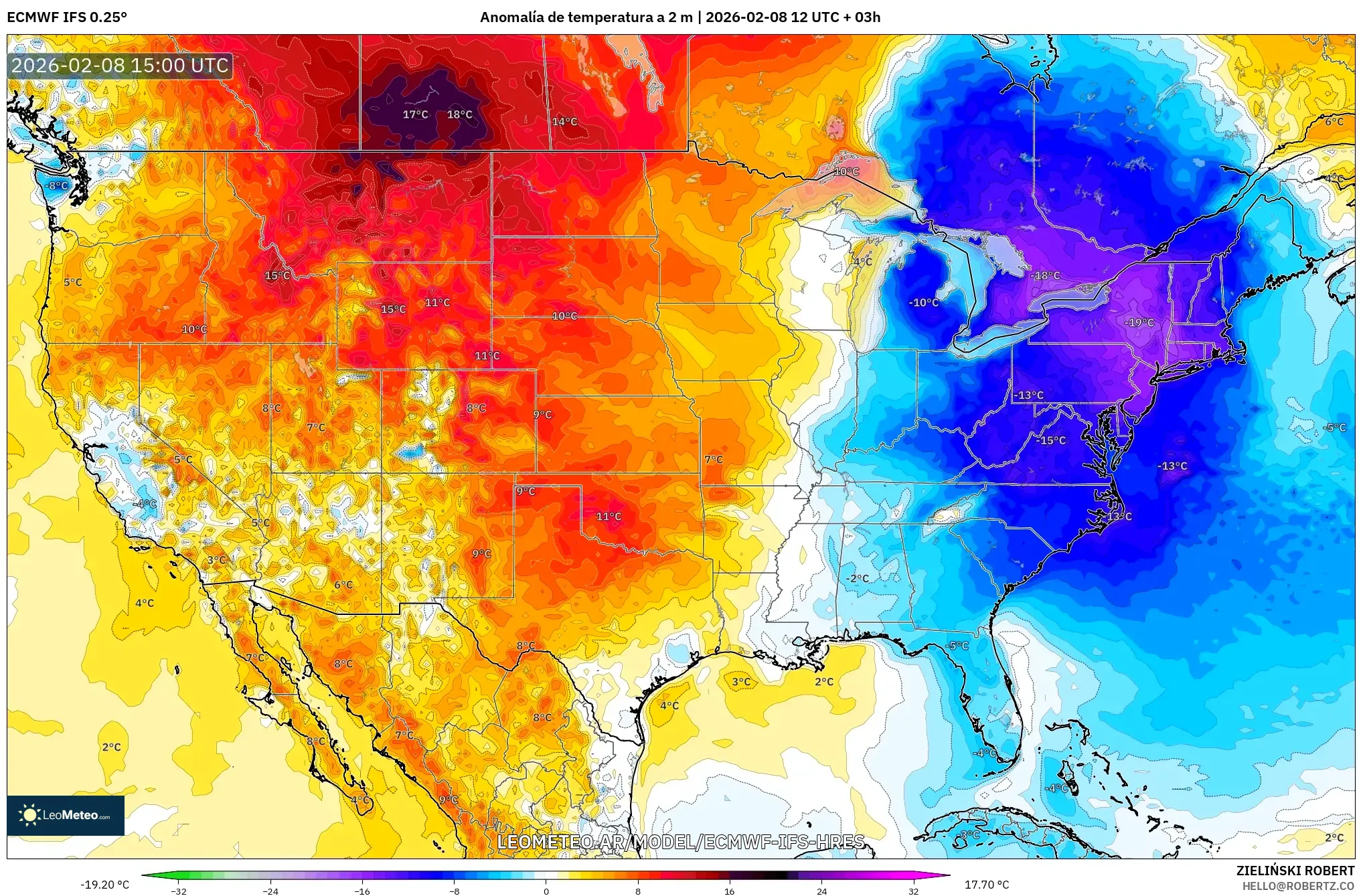 ECMWF IFS 0.25° model - Estados Unidos, Anomalía de temperatura a 2 m