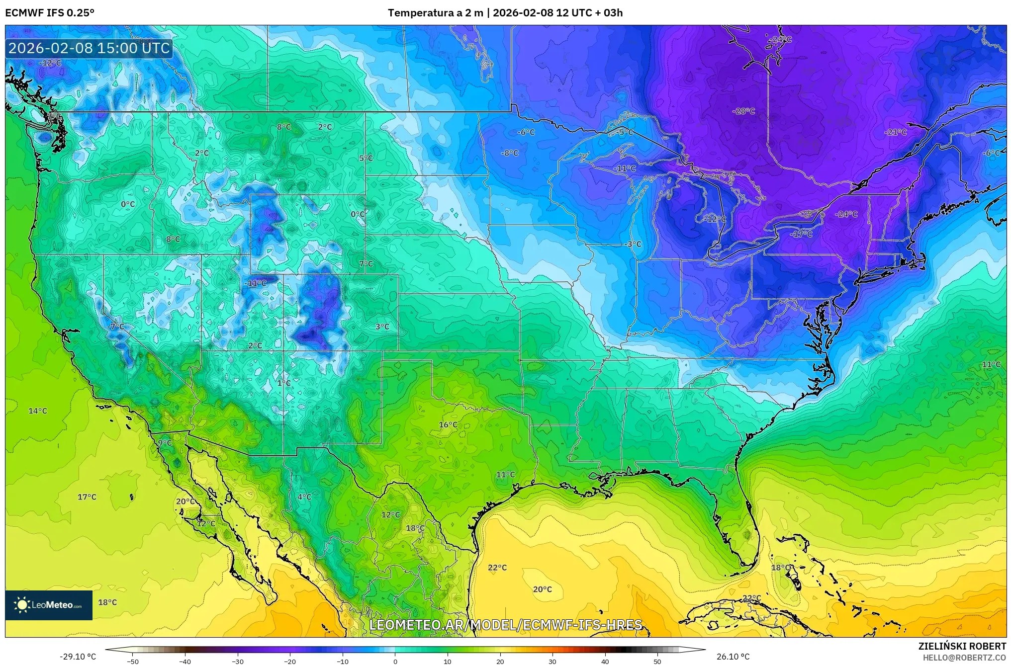 ECMWF IFS 0.25° model - Estados Unidos, Temperatura a 2 m