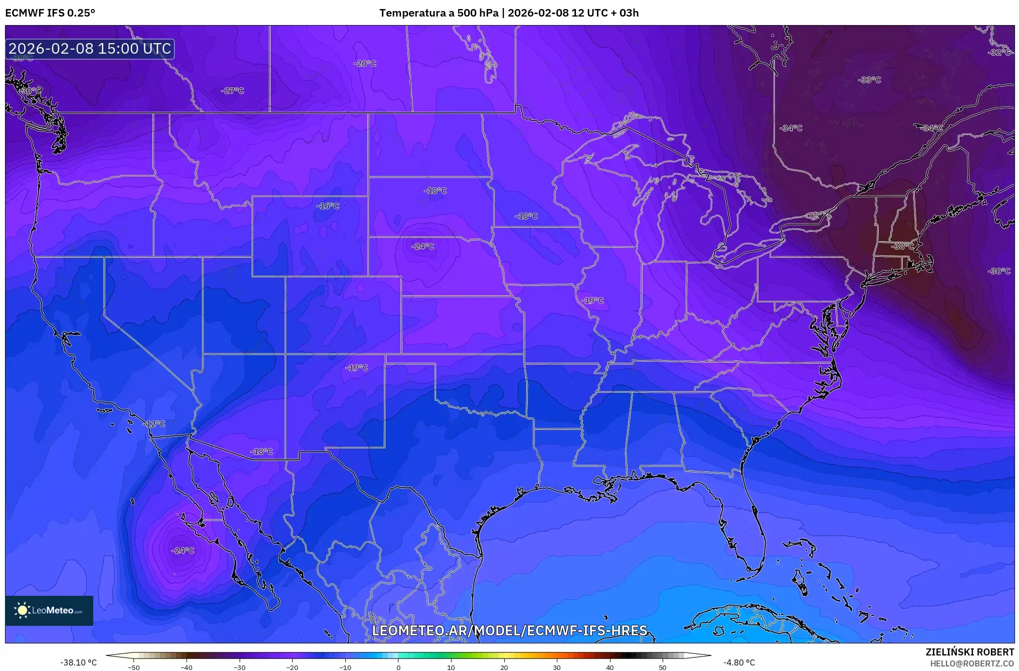 ECMWF IFS 0.25° model - Estados Unidos, Temperatura a 500 hPa