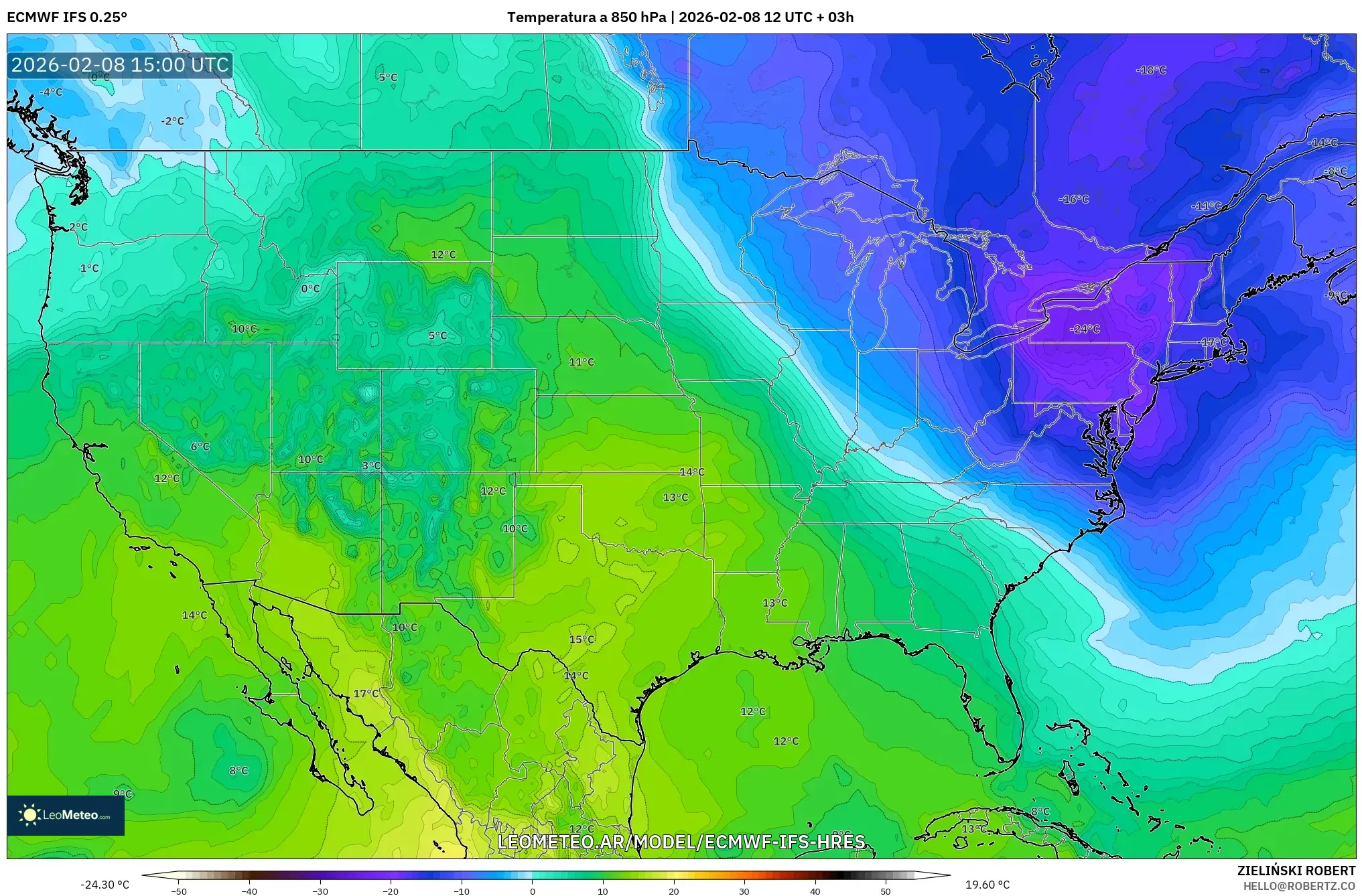 ECMWF IFS 0.25° model - Estados Unidos, Temperatura a 850 hPa