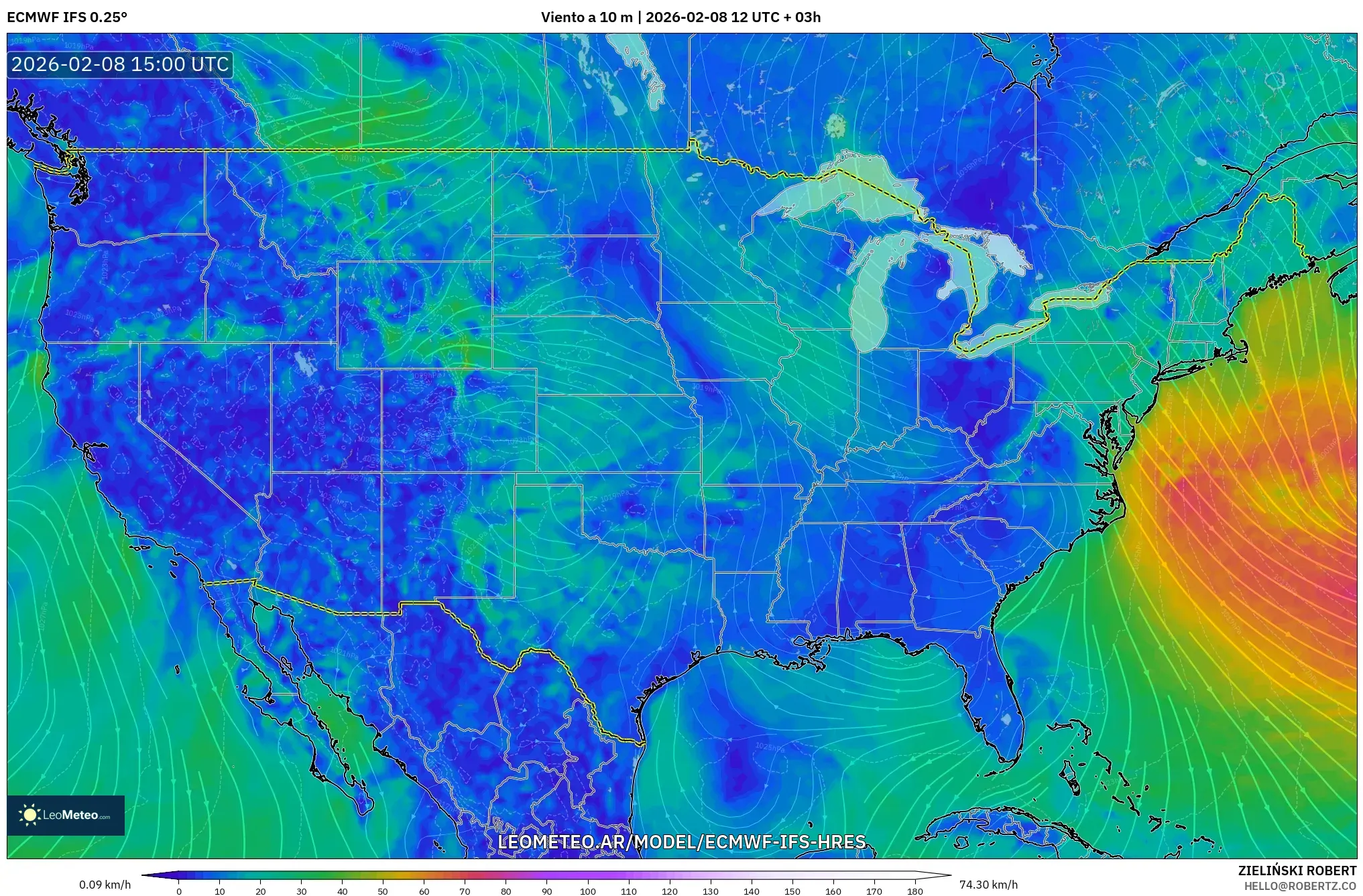 ECMWF IFS 0.25° model - Estados Unidos, Viento a 10 m