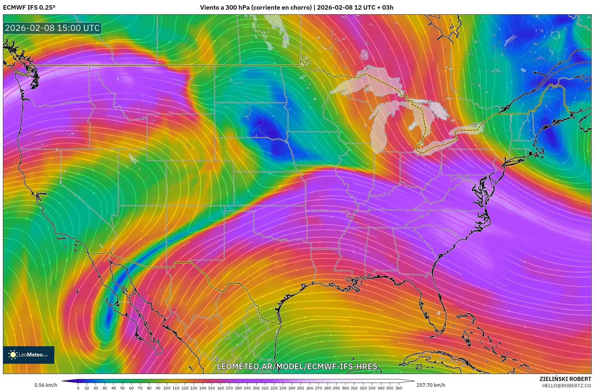 ECMWF IFS 0.25° model - Estados Unidos, Viento a 300 hPa (corriente en chorro)