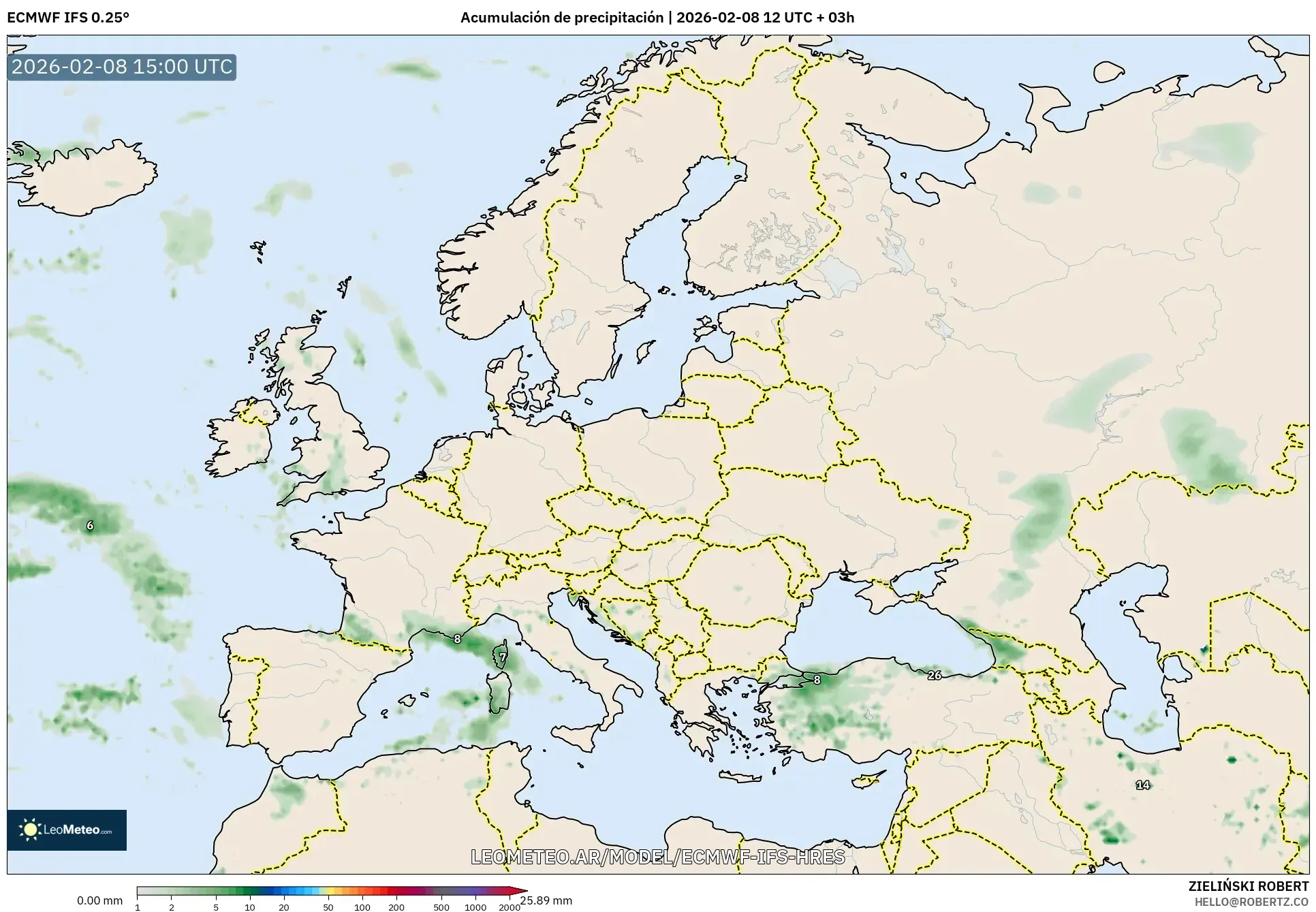 ECMWF IFS 0.25° model - Europa, Acumulación de precipitación