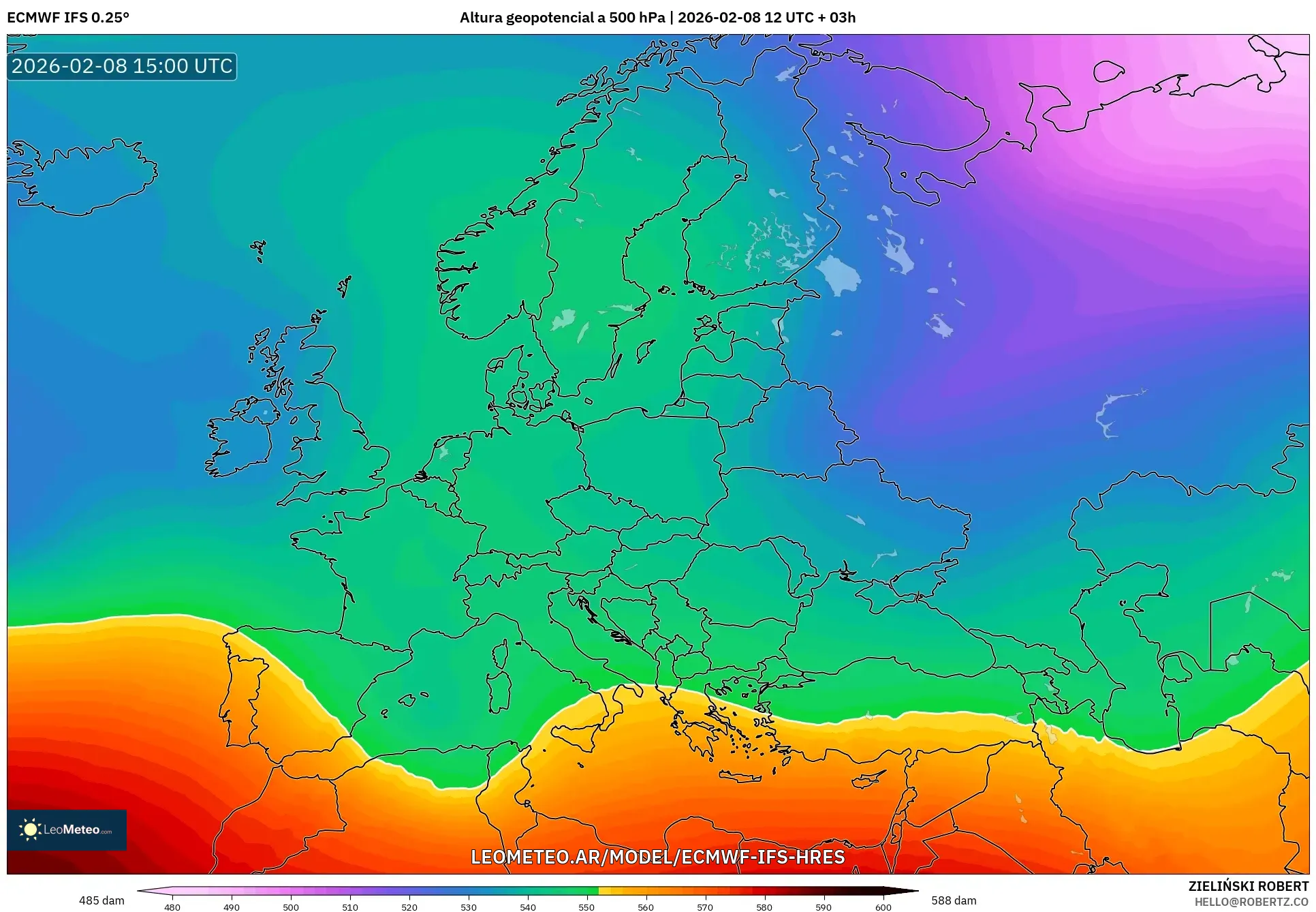 ECMWF IFS 0.25° model - Europa, Altura geopotencial a 500 hPa