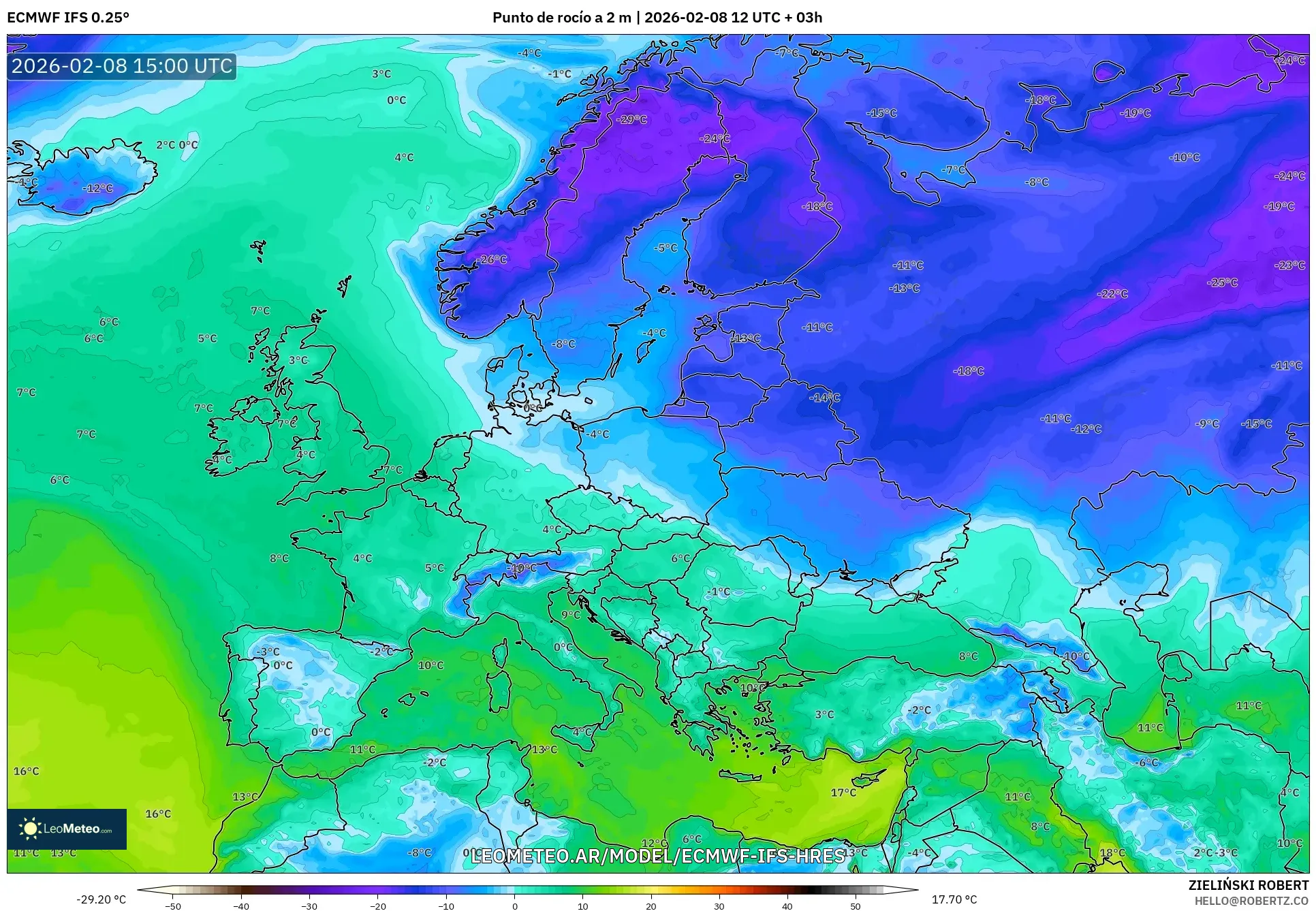 ECMWF IFS 0.25° model - Europa, Punto de rocío a 2 m