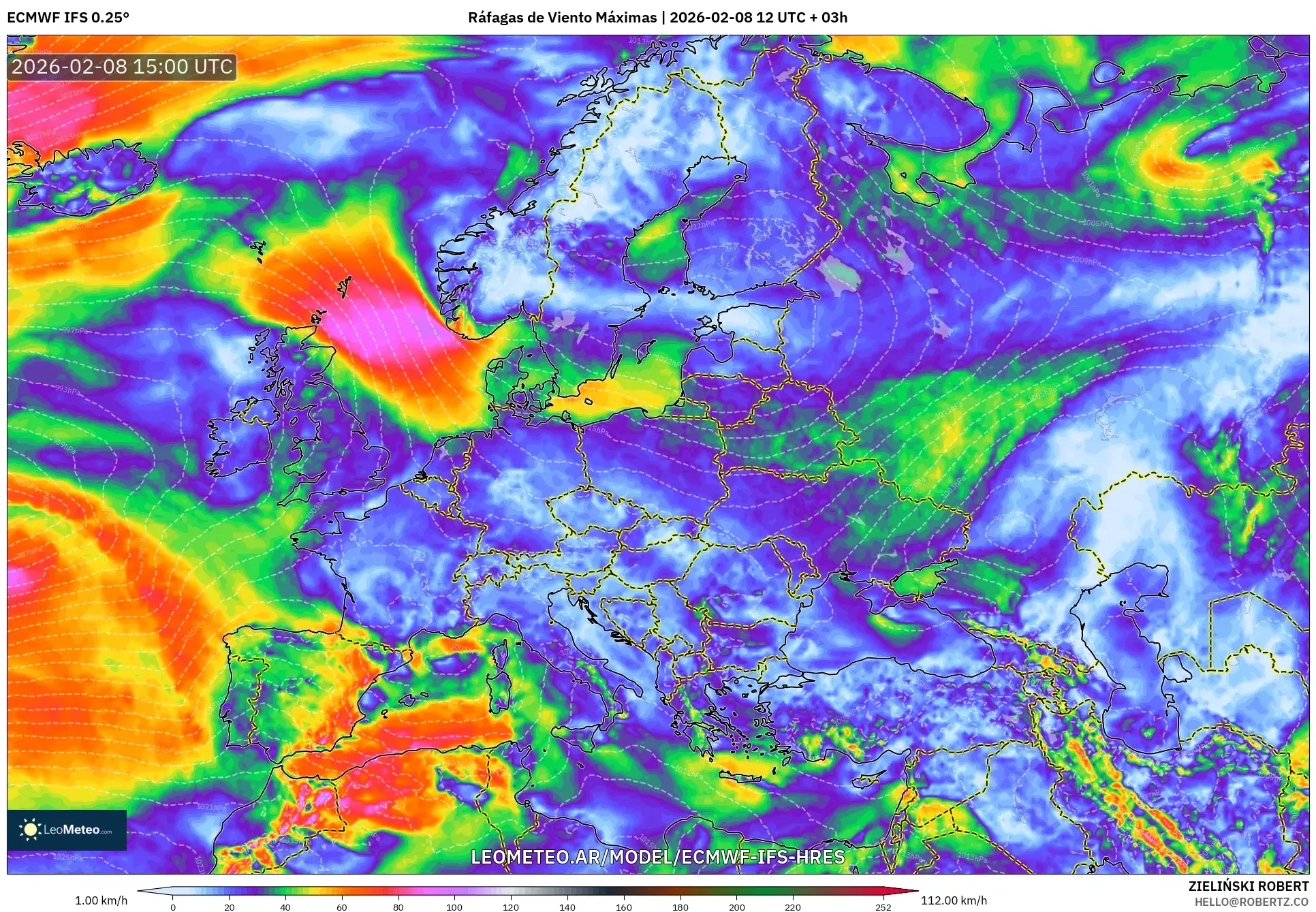 ECMWF IFS 0.25° model - Europa, Ráfagas de Viento Máximas