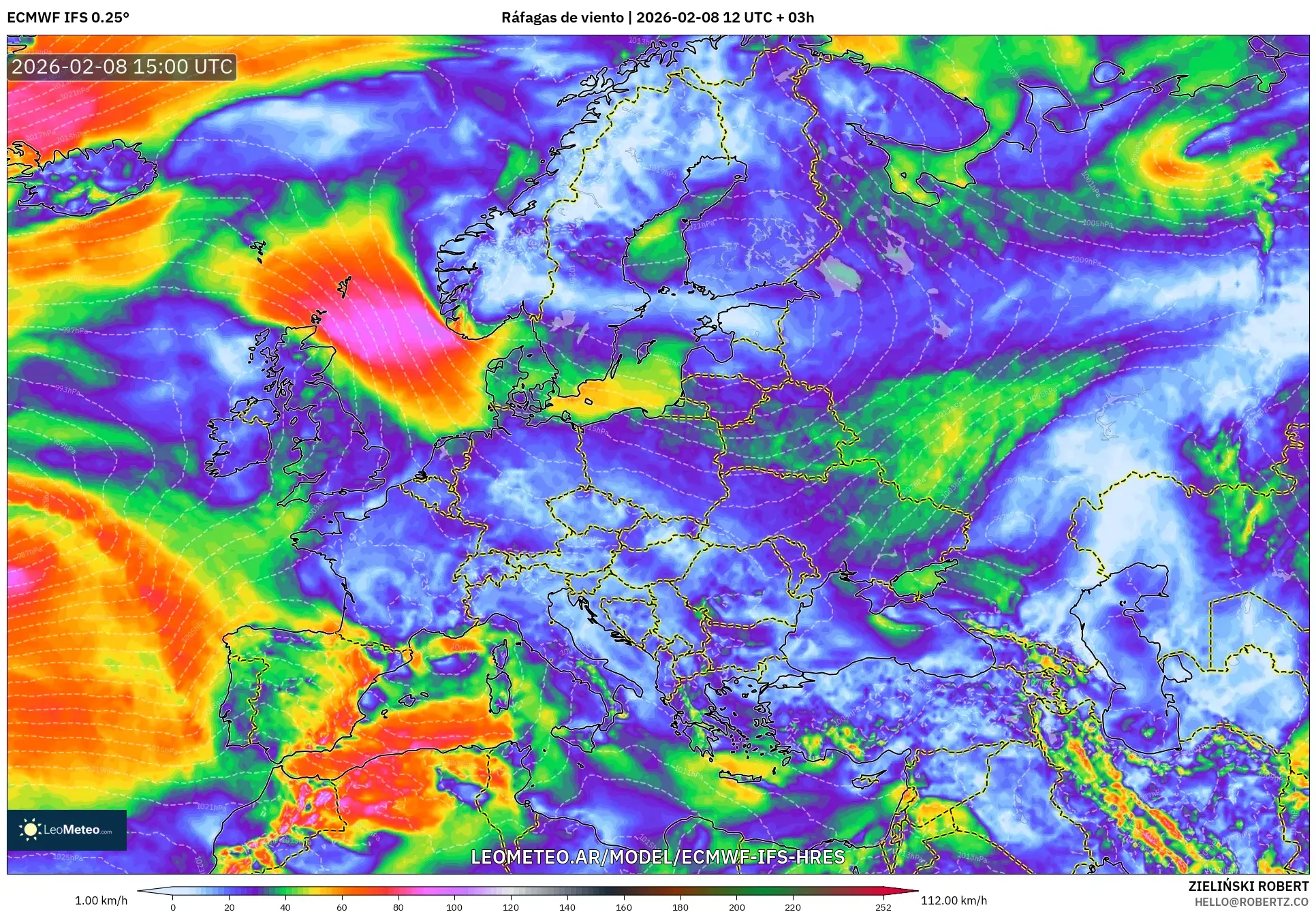 ECMWF IFS 0.25° model - Europa, Ráfagas de viento