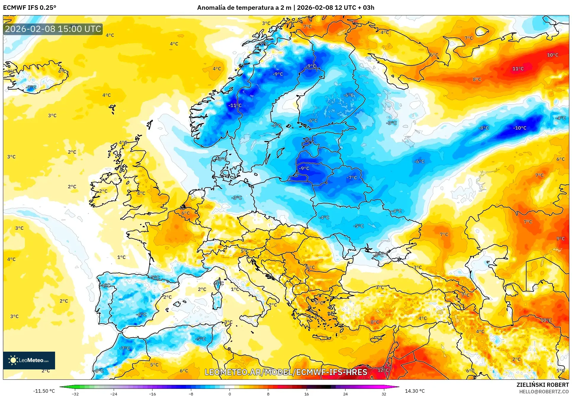 ECMWF IFS 0.25° model - Europa, Anomalía de temperatura a 2 m