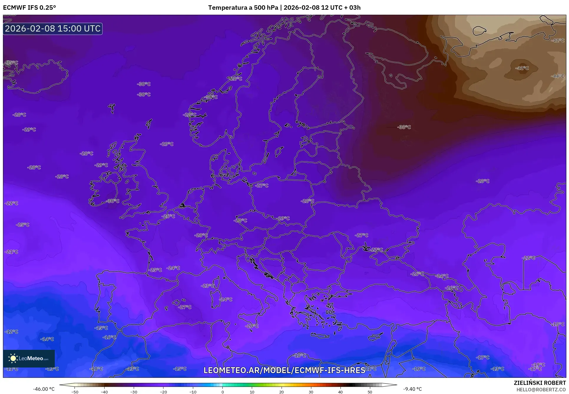 ECMWF IFS 0.25° model - Europa, Temperatura a 500 hPa