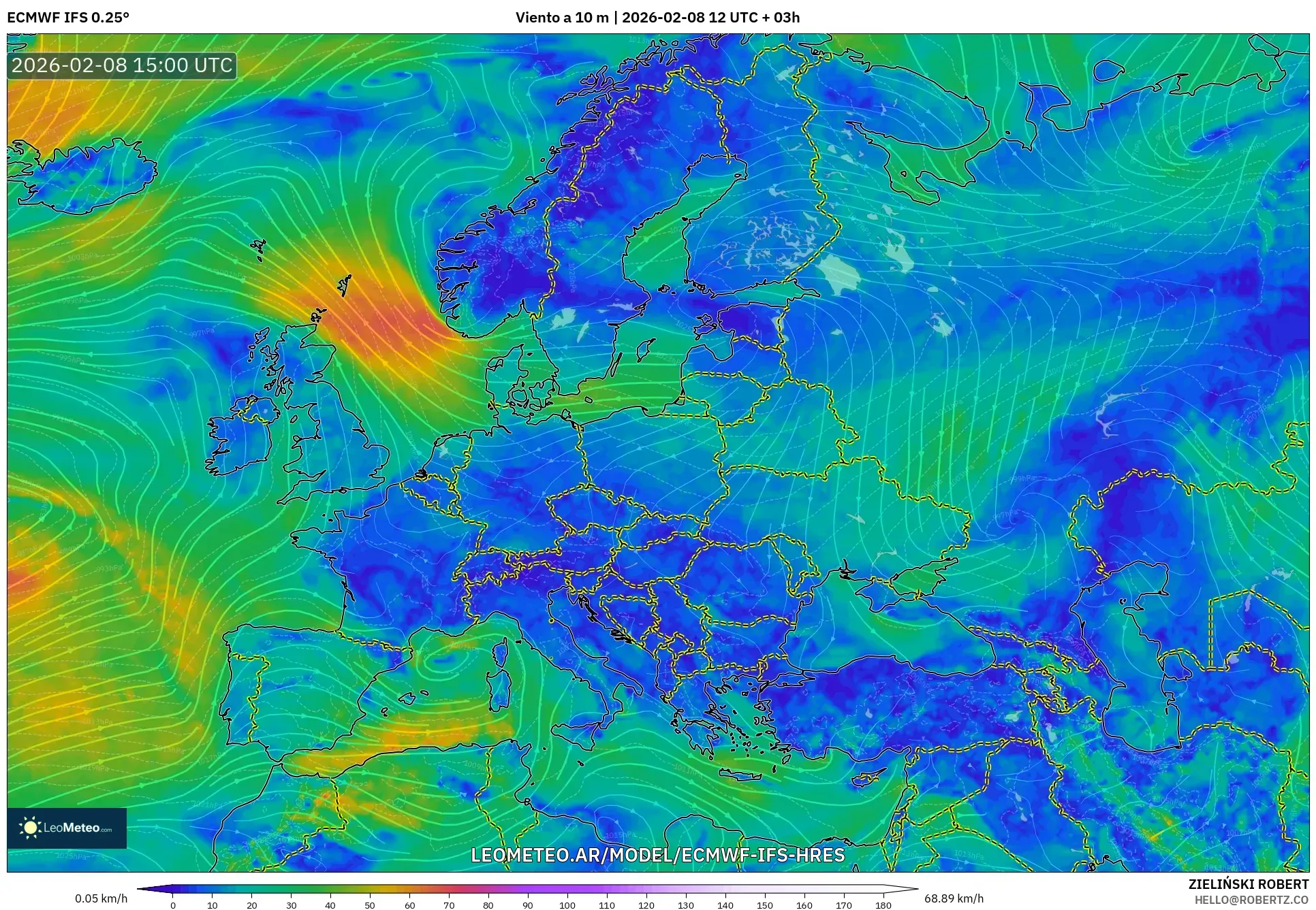 ECMWF IFS 0.25° model - Europa, Viento a 10 m