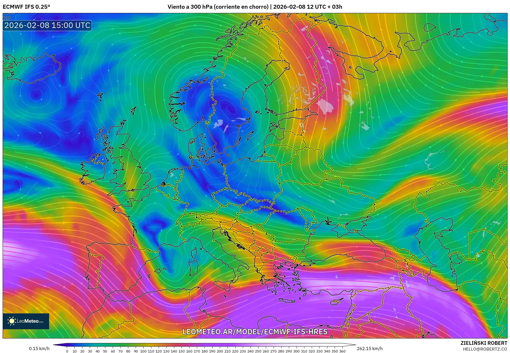 ECMWF IFS 0.25° model - Europa, Viento a 300 hPa (corriente en chorro)