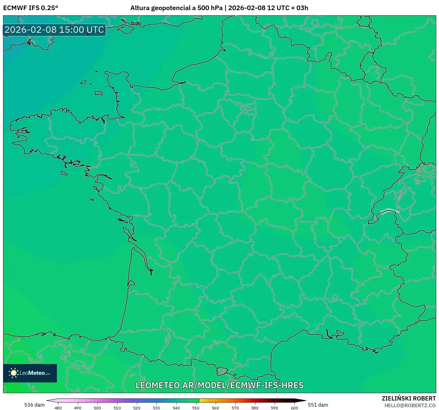 ECMWF IFS 0.25° model - Francia, Altura geopotencial a 500 hPa