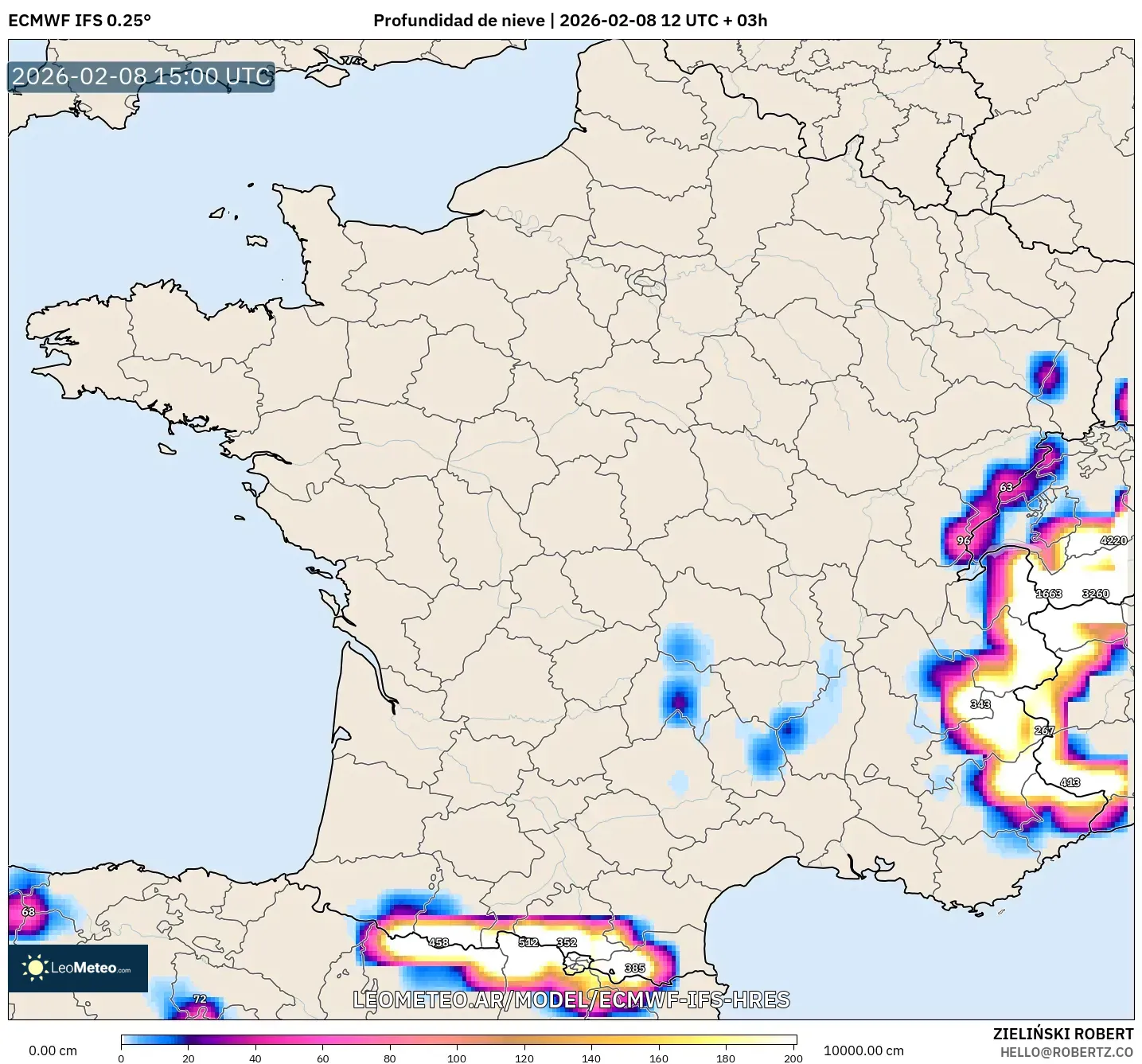 ECMWF IFS 0.25° model - Francia, Profundidad de nieve