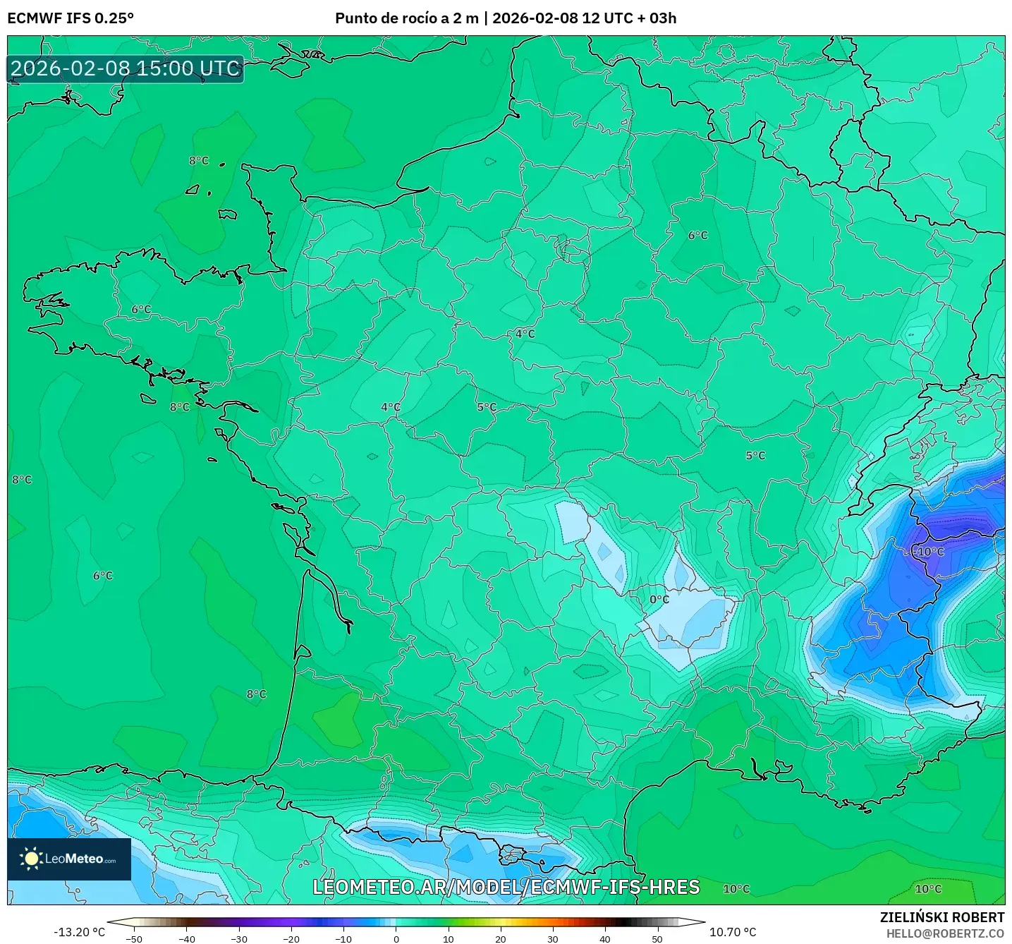 ECMWF IFS 0.25° model - Francia, Punto de rocío a 2 m