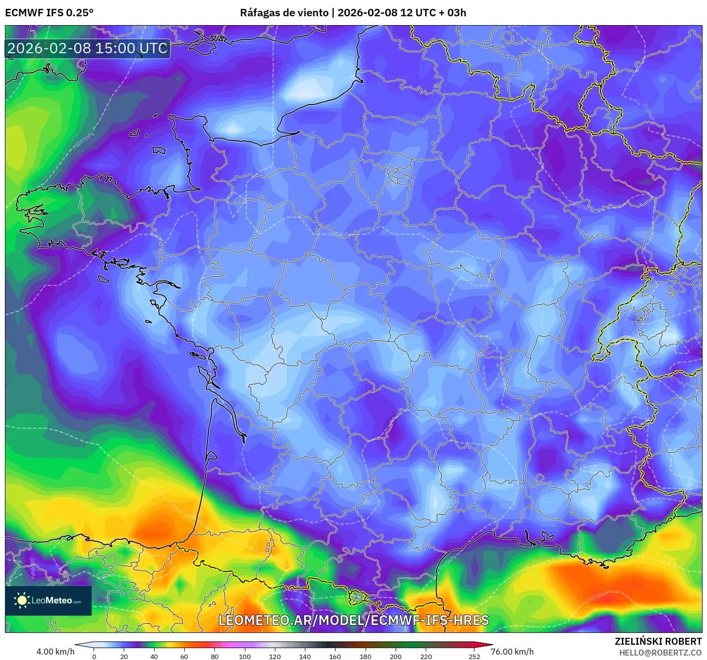 ECMWF IFS 0.25° model - Francia, Ráfagas de viento