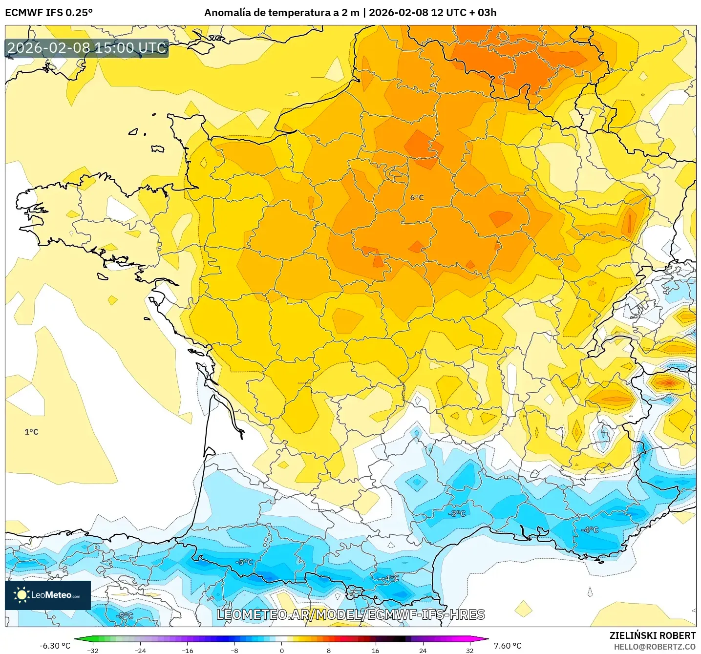ECMWF IFS 0.25° model - Francia, Anomalía de temperatura a 2 m