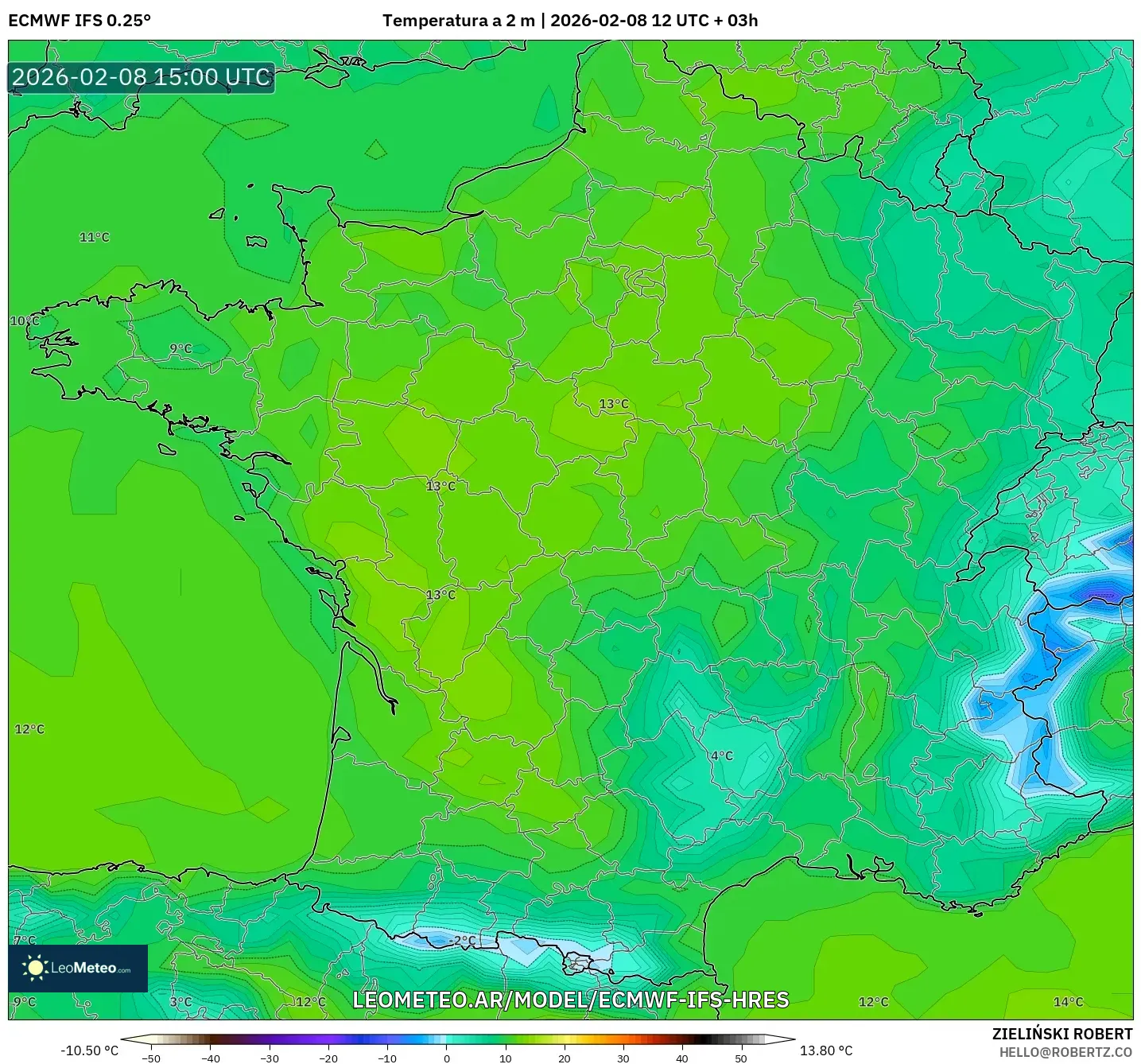 ECMWF IFS 0.25° model - Francia, Temperatura a 2 m
