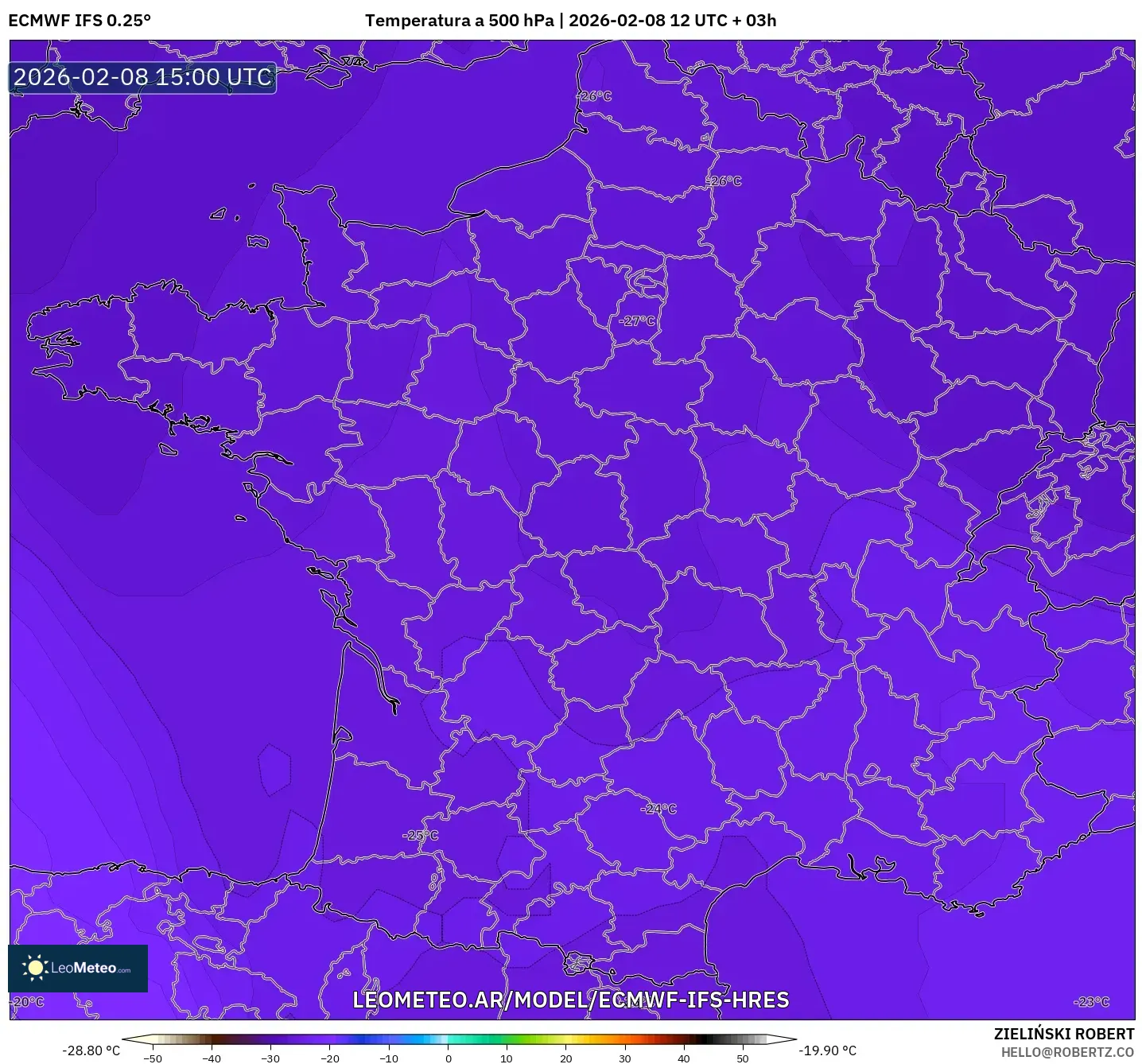 ECMWF IFS 0.25° model - Francia, Temperatura a 500 hPa
