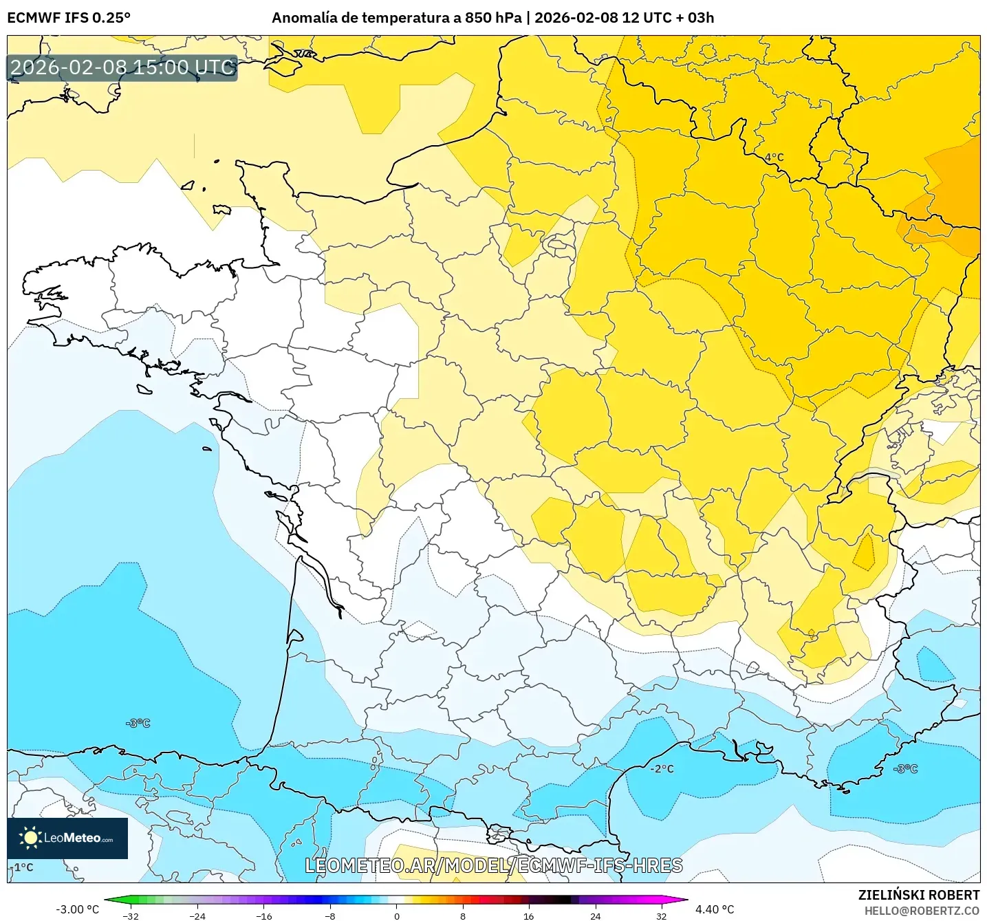 ECMWF IFS 0.25° model - Francia, Anomalía de temperatura a 850 hPa