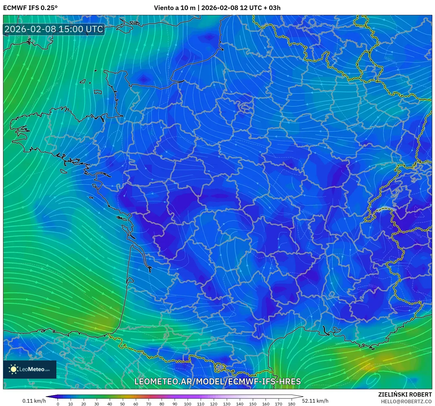ECMWF IFS 0.25° model - Francia, Viento a 10 m