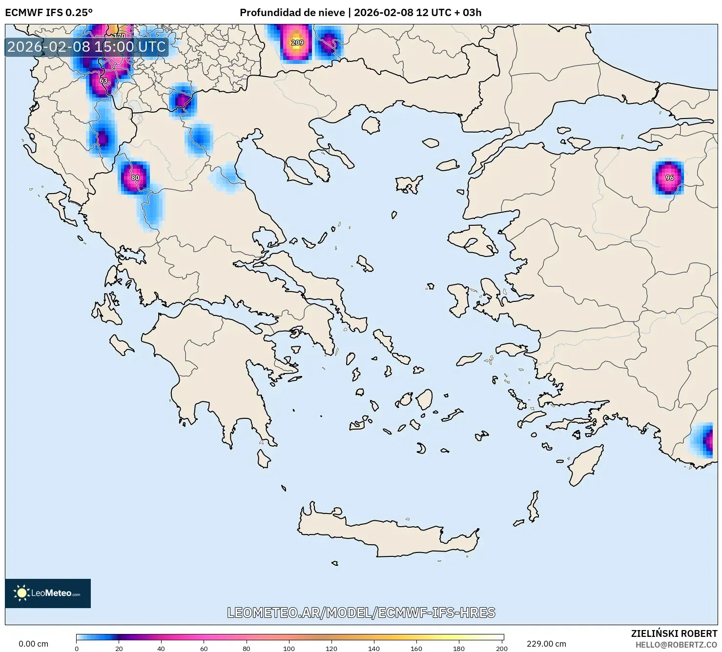 ECMWF IFS 0.25° model - Grecia, Profundidad de nieve