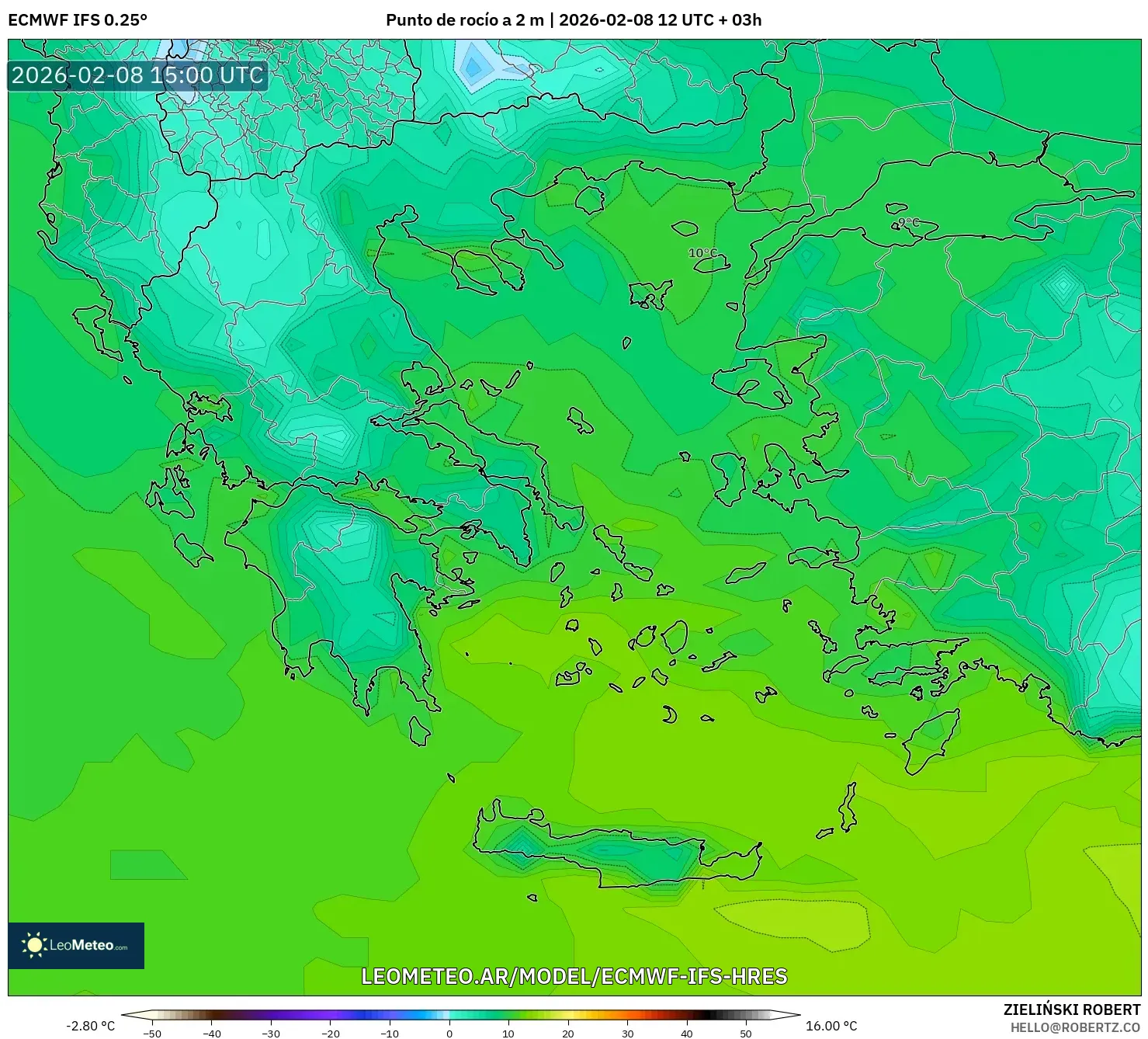 ECMWF IFS 0.25° model - Grecia, Punto de rocío a 2 m
