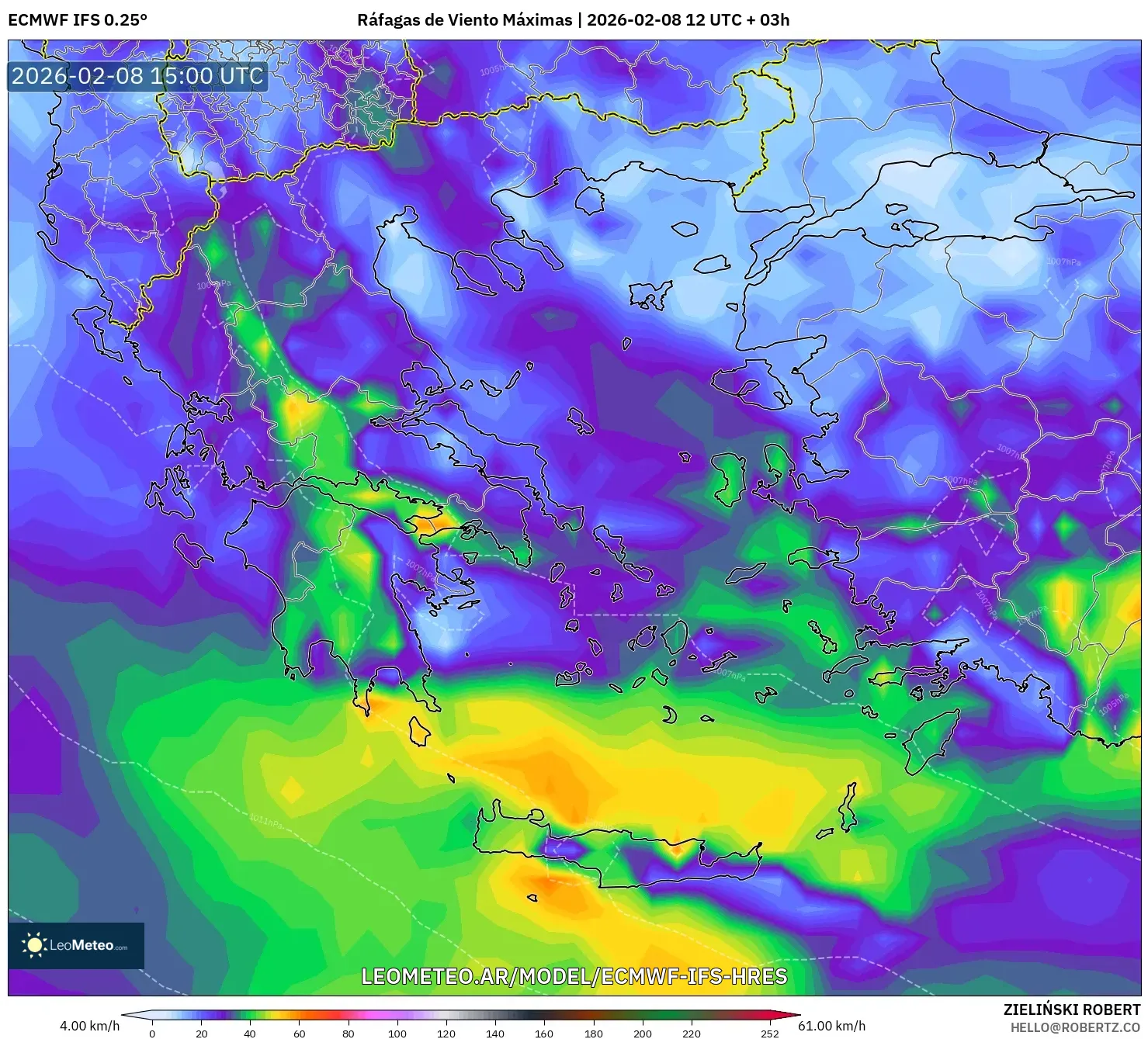 ECMWF IFS 0.25° model - Grecia, Ráfagas de Viento Máximas