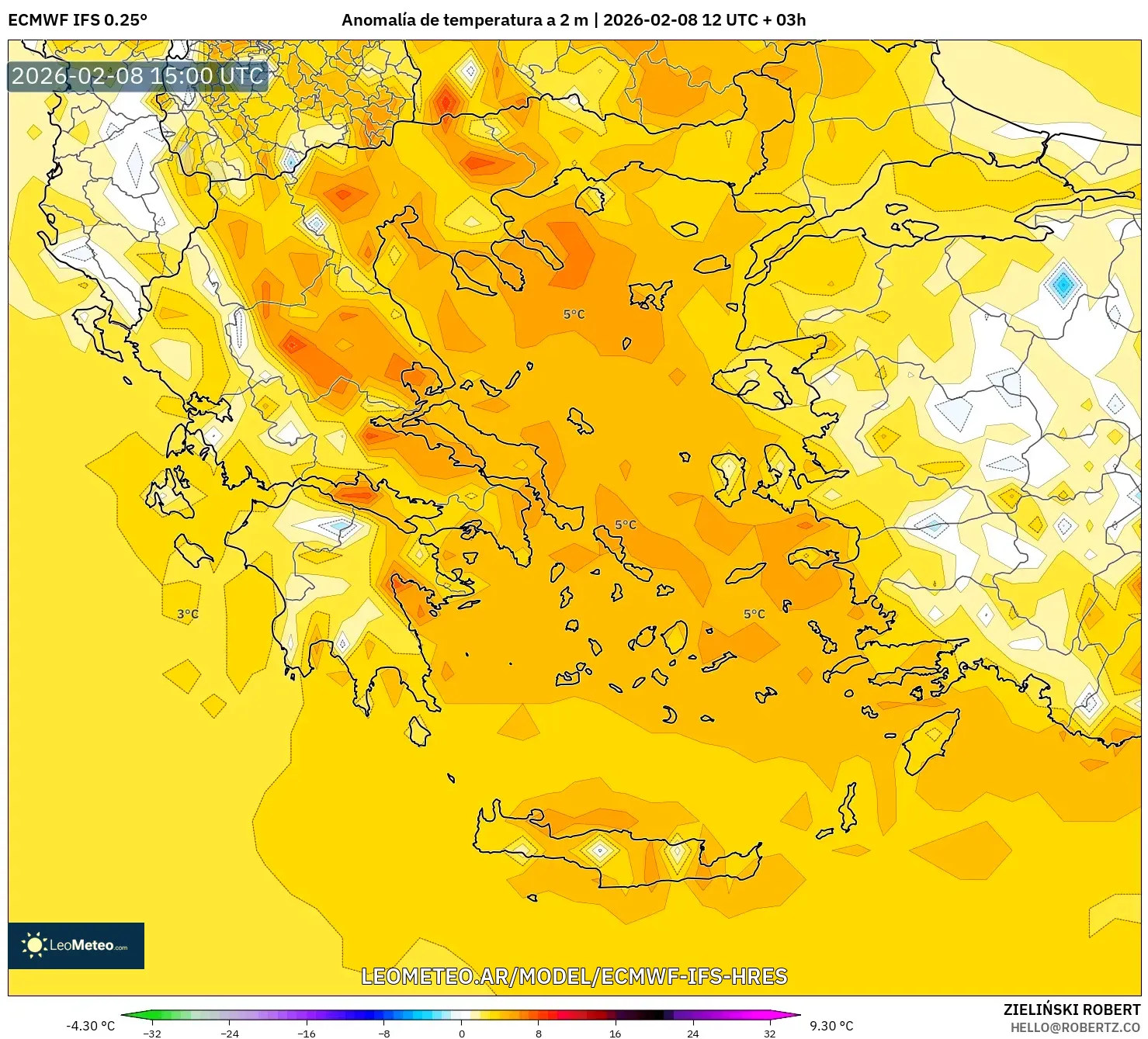 ECMWF IFS 0.25° model - Grecia, Anomalía de temperatura a 2 m