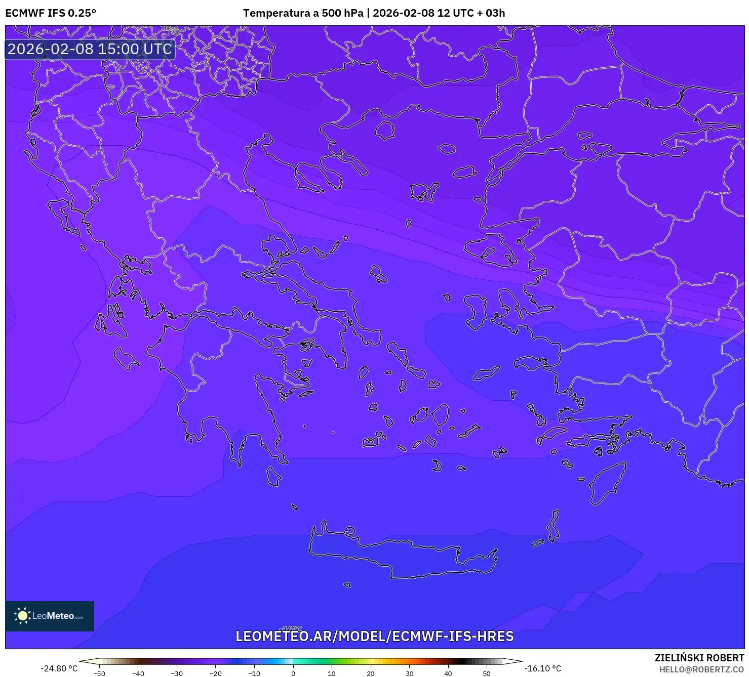ECMWF IFS 0.25° model - Grecia, Temperatura a 500 hPa