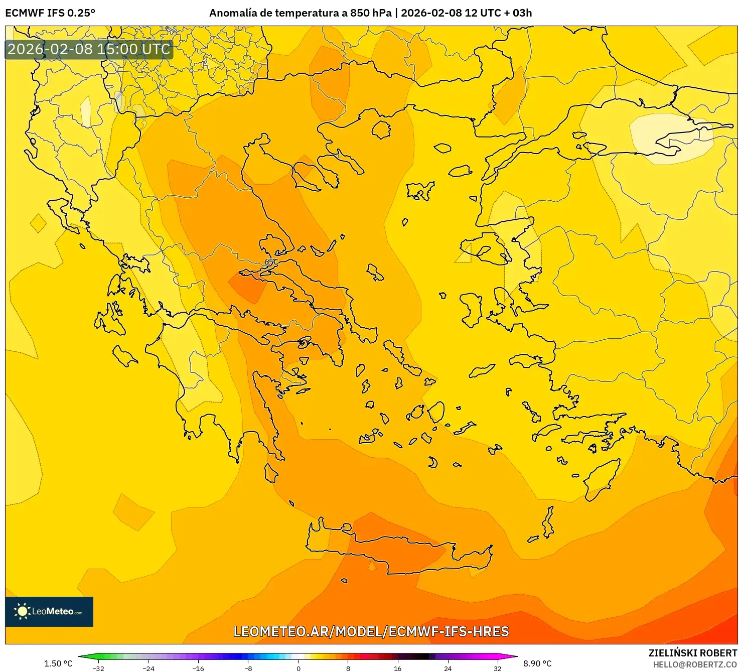 ECMWF IFS 0.25° model - Grecia, Anomalía de temperatura a 850 hPa