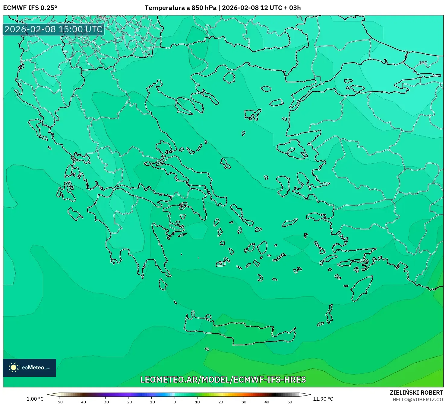 ECMWF IFS 0.25° model - Grecia, Temperatura a 850 hPa