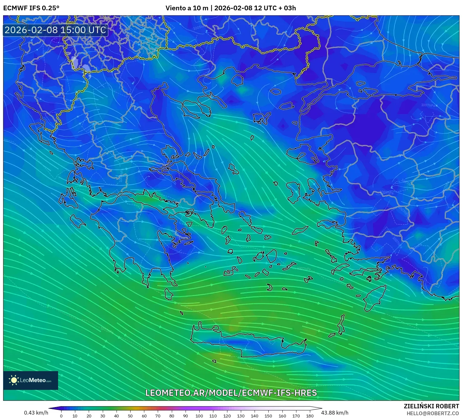 ECMWF IFS 0.25° model - Grecia, Viento a 10 m