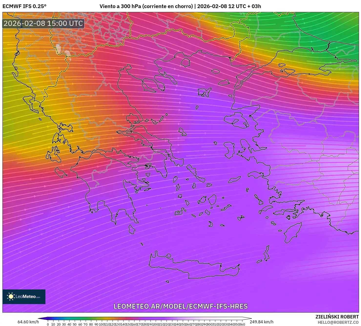 ECMWF IFS 0.25° model - Grecia, Viento a 300 hPa (corriente en chorro)