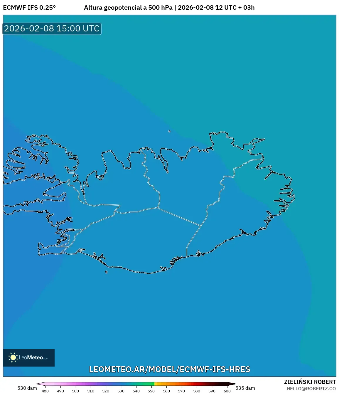 ECMWF IFS 0.25° model - Islandia, Altura geopotencial a 500 hPa