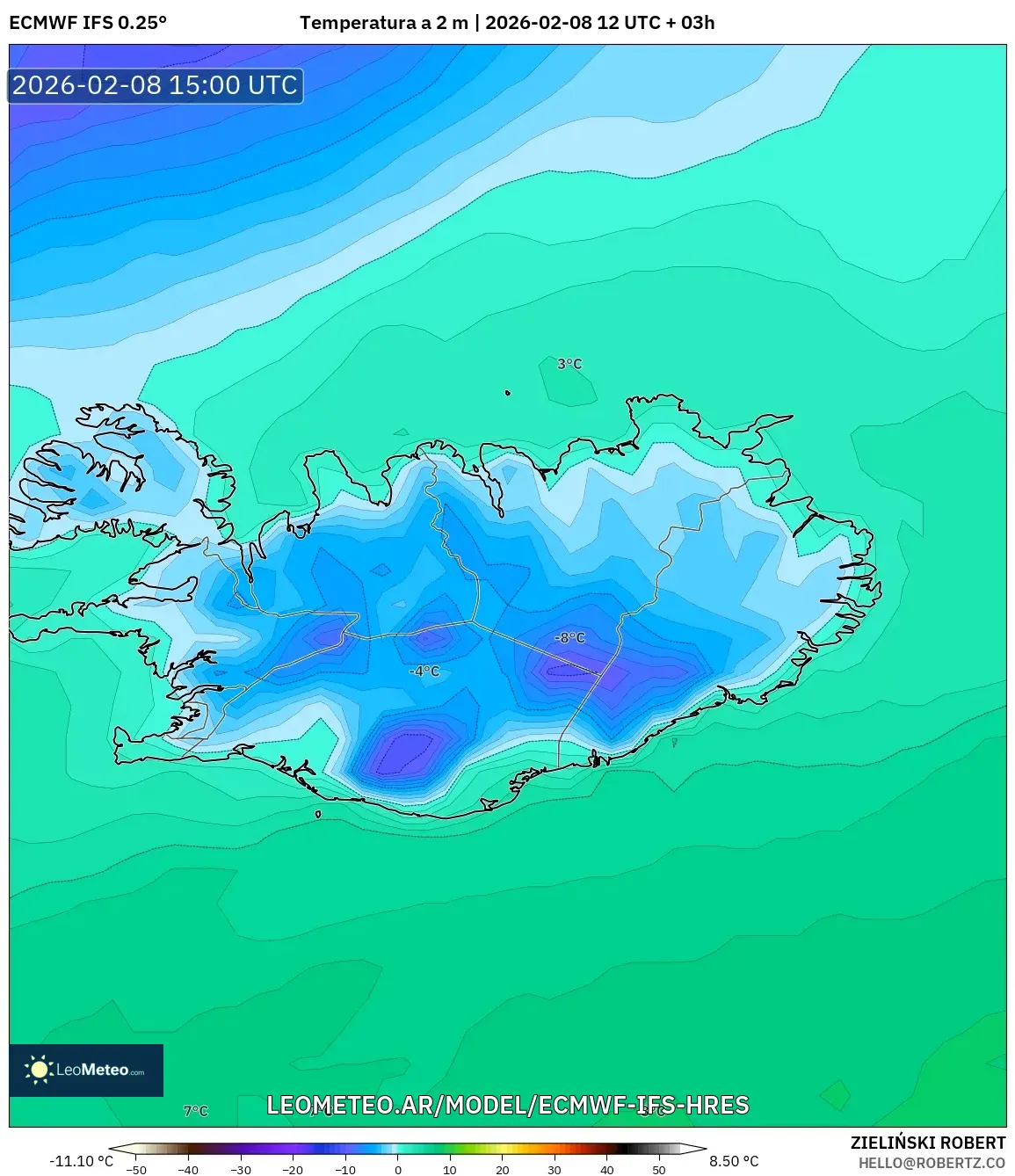 ECMWF IFS 0.25° model - Islandia, Temperatura a 2 m
