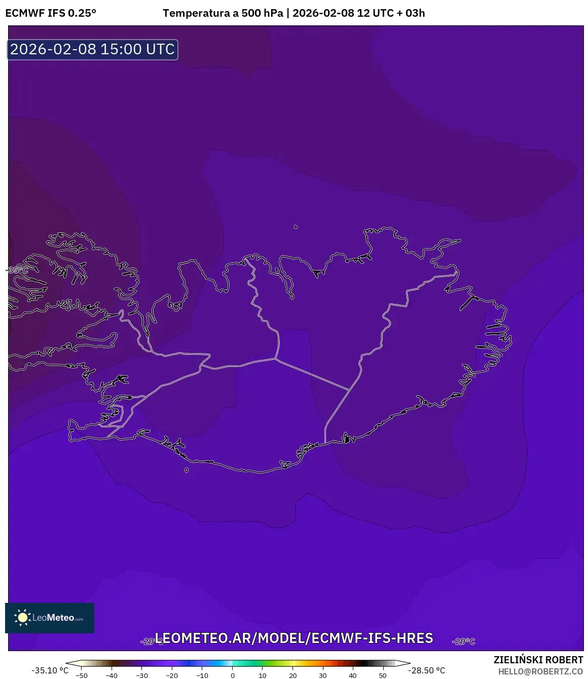 ECMWF IFS 0.25° model - Islandia, Temperatura a 500 hPa